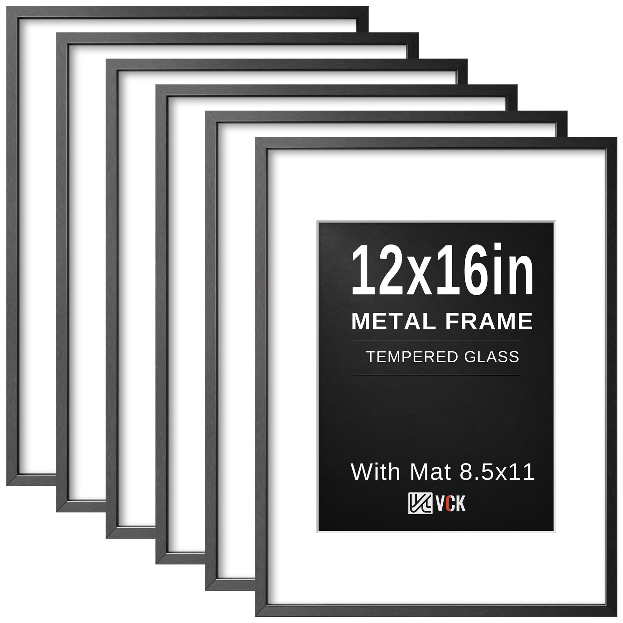 VCK 12x16 Frame Black Metal, Real Glass, 8.5x11 Mat, Set of 6, for Picture