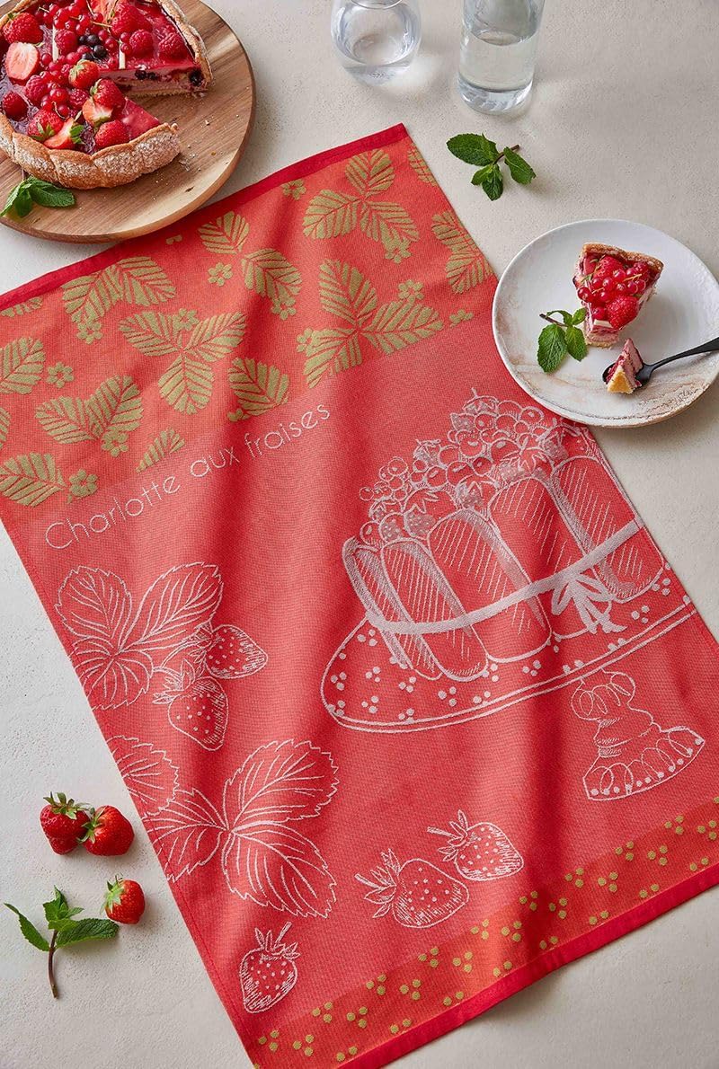 Coucke French Cotton Jacquard Towel, Strawberry Charlotte Design, 20-Inches by 30-Inches, Red, 100% Cotton