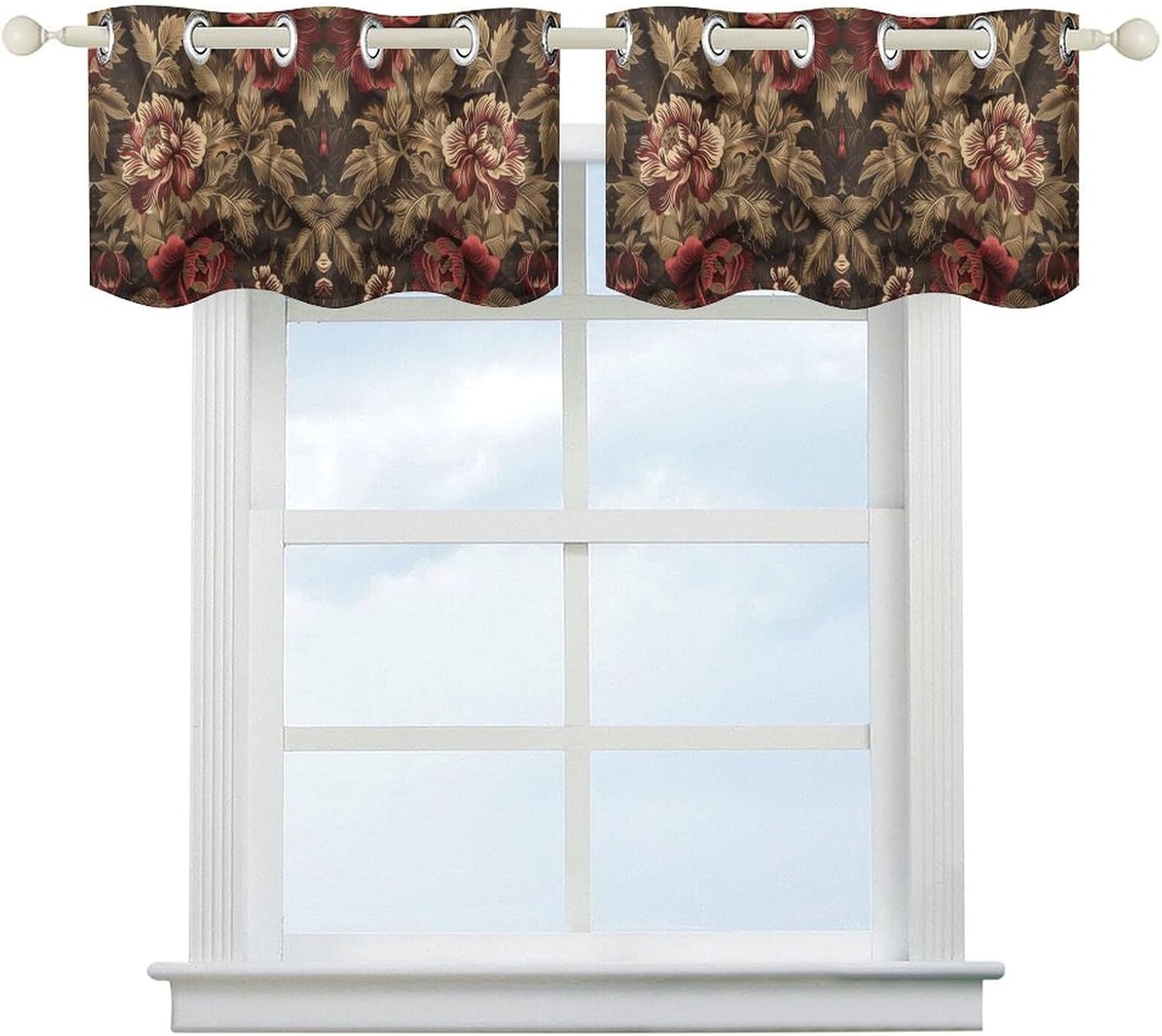 Burgundy and Brown Printed Short Window Curtains, Grommet Small Valance, Decorative Short Curtains Suitable for Window Sills in Bedrooms, Living Rooms, Kitchens, Etc