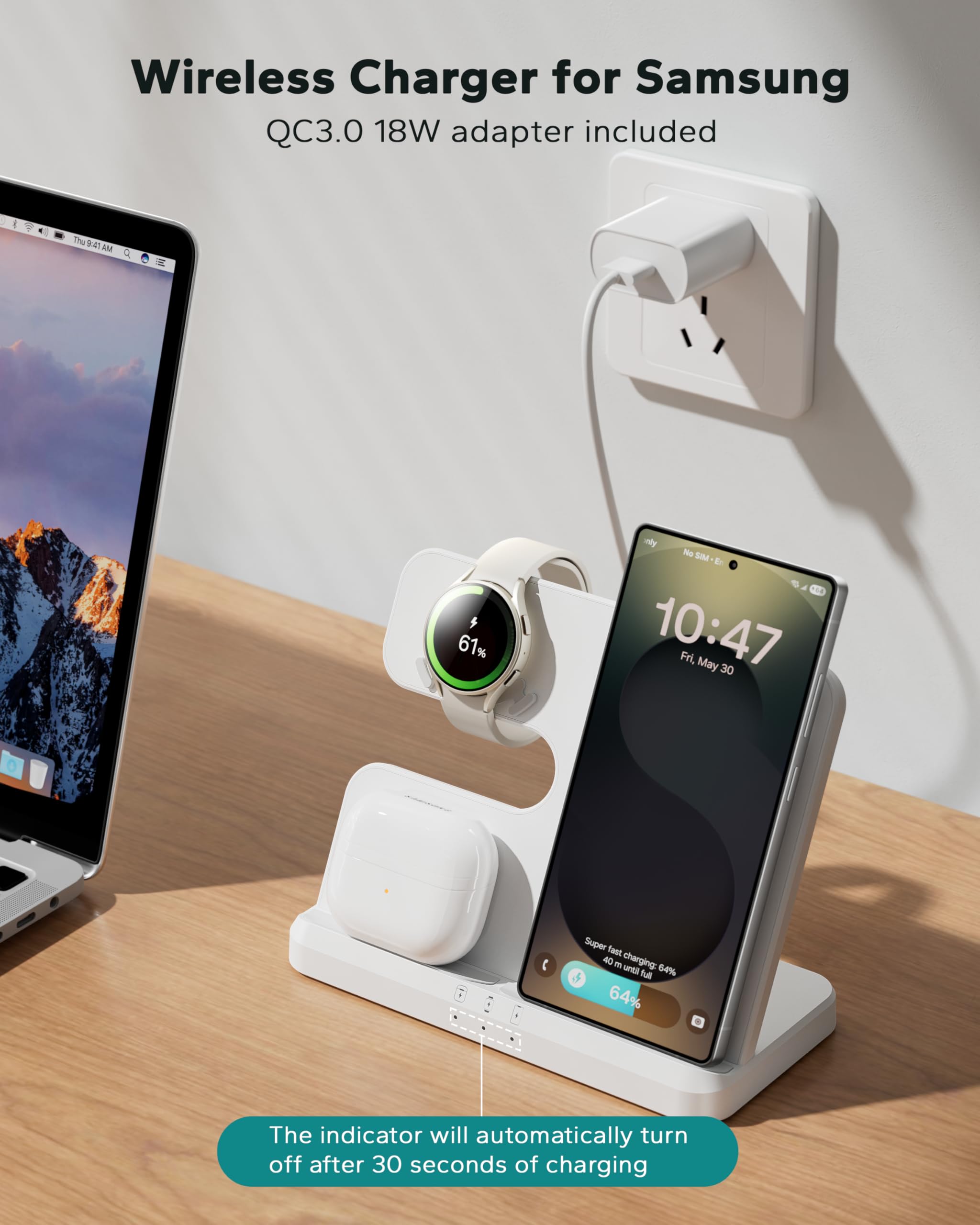 Stazione di ricarica wireless per Samsung, supporto 3 in 1 per Galaxy S25 Ultra/S24/S23/Z Fold, dock di ricarica per telefono e orologio per Samsung Watch Galaxy 8/7/6/5, Galaxy Buds 3/2/Pro