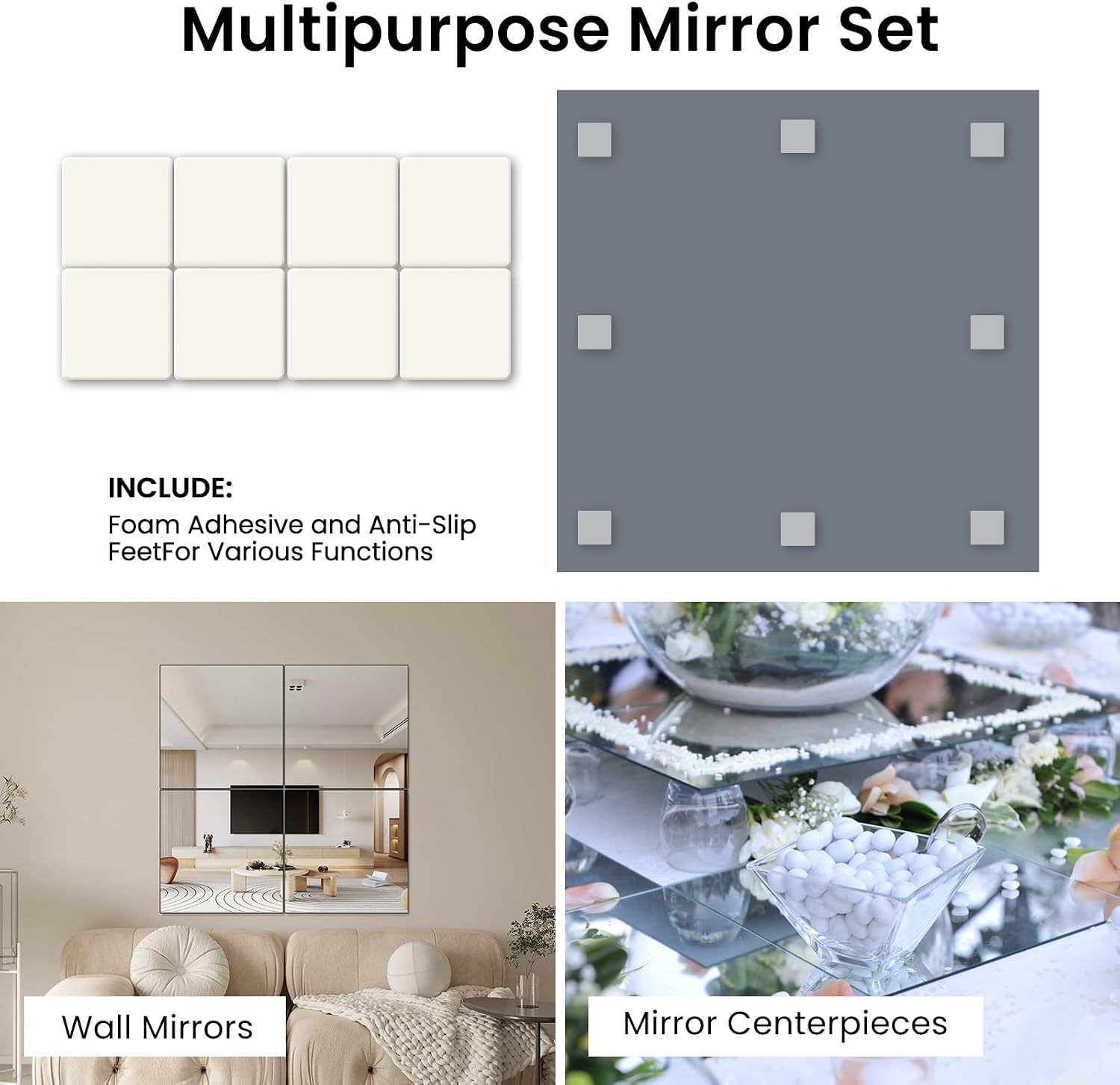 10" Square Mirror Centerpieces for Tables, 12Pcs Glass Mirror Table Centerpieces with Non-Slip Foot, Glass Candle Plate for Wedding Decorations, Parties, Christmas, 2mm Thick