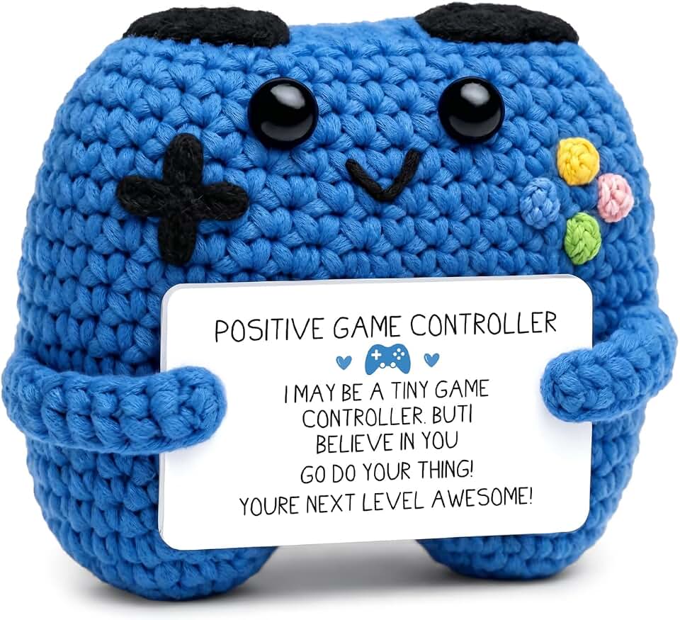 OHiZVZV 1Pc Positive Crochet​ Game Controller Plush, Emotional Support Plush​ for Gamer Gifts, Gaming Decor​ & Game Room Accessories and Decor, for Gamers​ (Blue, 3.15X3.15 Inches)