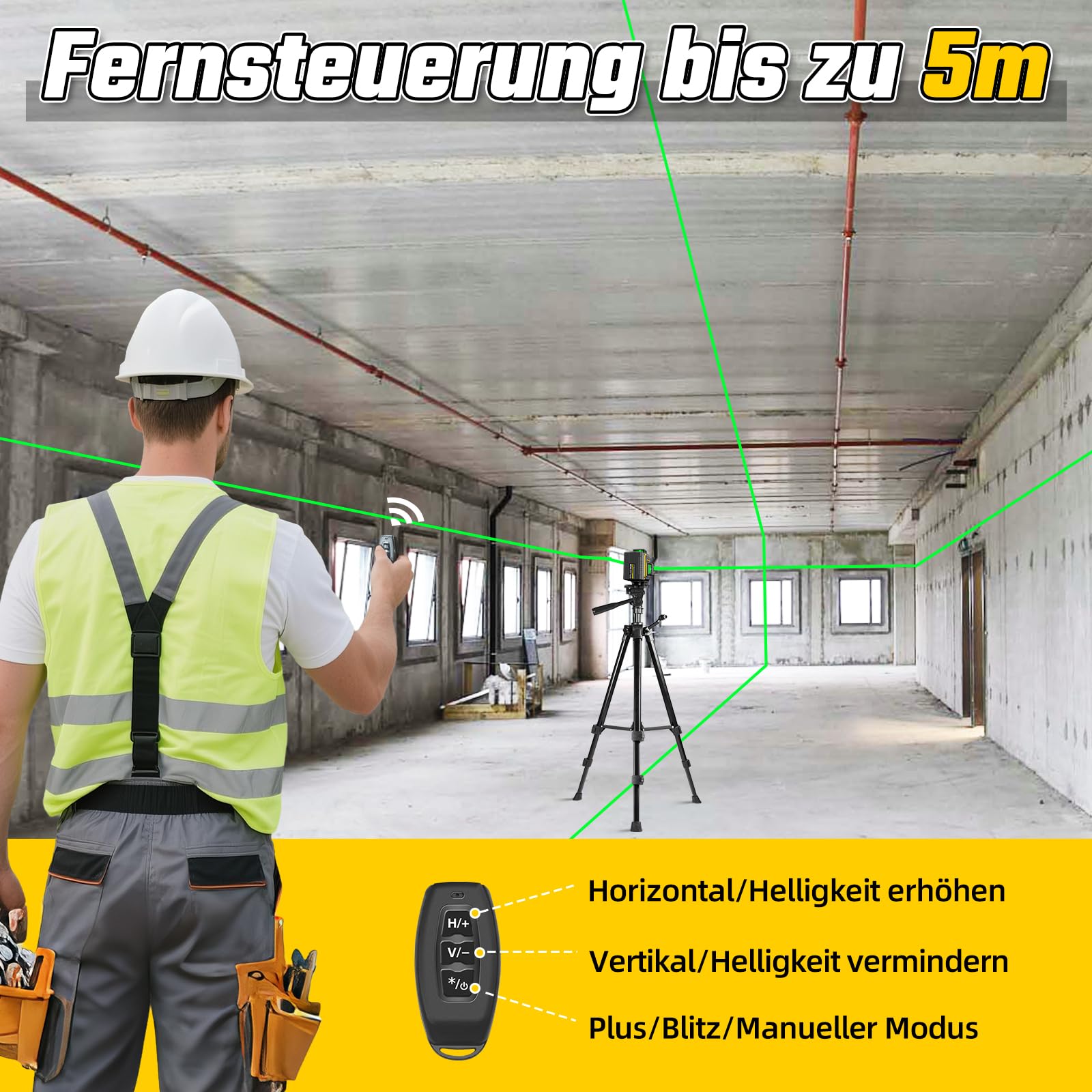 Kreuzlinienlaser mit Stativ, 4D 16 Linienlaser Grün Kreuzlaser 4x360° Laser Wasserwaage Kreuzlaser Selbstnivellierend für Innenbereich Baustelle Mit 1.27M Stativ, 4800mAh Batterien, Fernbedienung