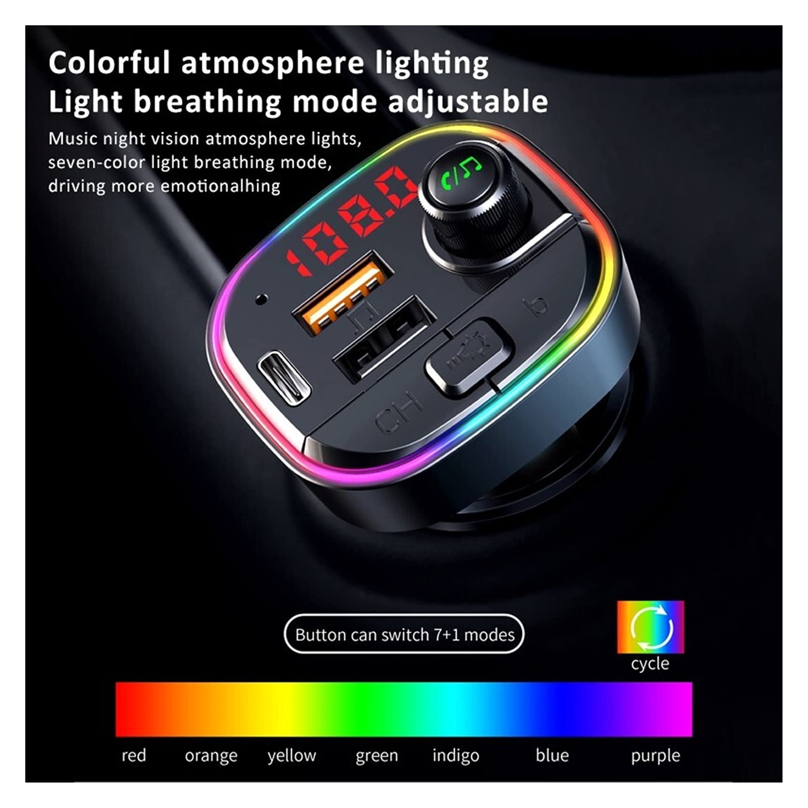 Adattatore audio Bluetooth. FM. Trasmettitore auto MP3. Modulo audio audio del giocatore Bluetooth del ricevitore audio Bluetooth Modulatore AUX Bluetooth USB Caricabatteria da auto Luce ambientale