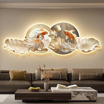3D Wall Art Decoration,3D Stereo Koi Fish and Lotus Flower Wall Decor with LED Lighting, Creamy Style Hanging Painting for Living Room Sofa Background & TeahouseType A,50x150cm/19.7x59in