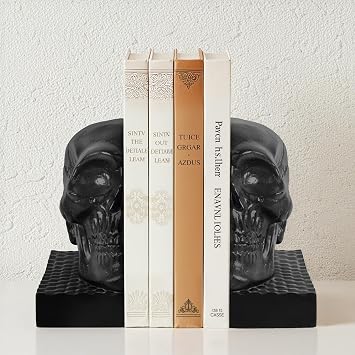 Skull Book Ends, Decorative Bookends for Shelves, Antique Gothic Style Skull Bookend Design Resin Skeleton Human Head Statue Halloween Decor Black