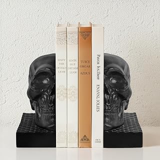 Skull Book Ends, Decorative Bookends for Shelves, Antique Gothic Style Skull Bookend Design Resin Skeleton Human Head Statue Halloween Décor (Black)