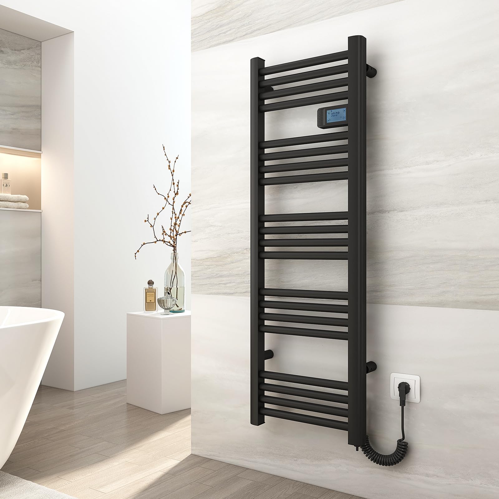 EMKE Toallero electrico baño 120x40 cm,450 W,Negro | Radiador de Baño con Controlador de Pantalla Digital, Secador de Toallas Eléctrico Recto