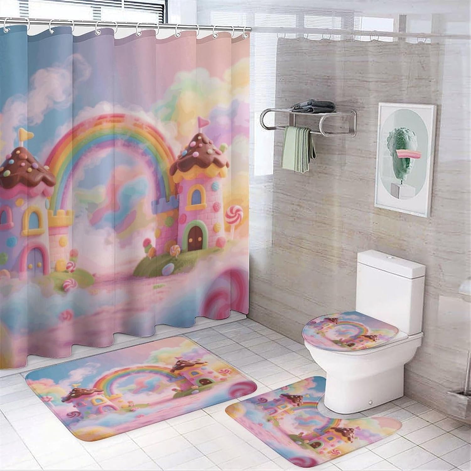 Cute Rainbow Bathroom Rugs Sets 4 Piece | Shower curtain sets, non-slip absorbent soft flannel bath mat, u-shaped toilet mat & lid cover, bathroom decor accessories