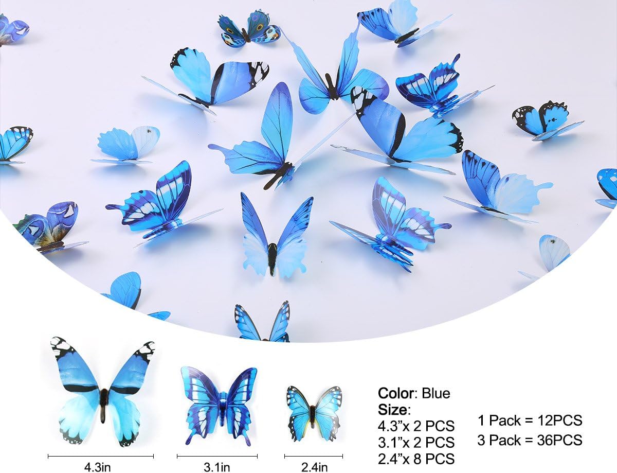 36PCS Butterfly Wall Decals - 3D Butterflies Wall Stickers Removable Mural Decor Wall Stickers Decals Wall Decor Home Decor Kids Room Bedroom Decor Living Room Decor-Blue : Baby
