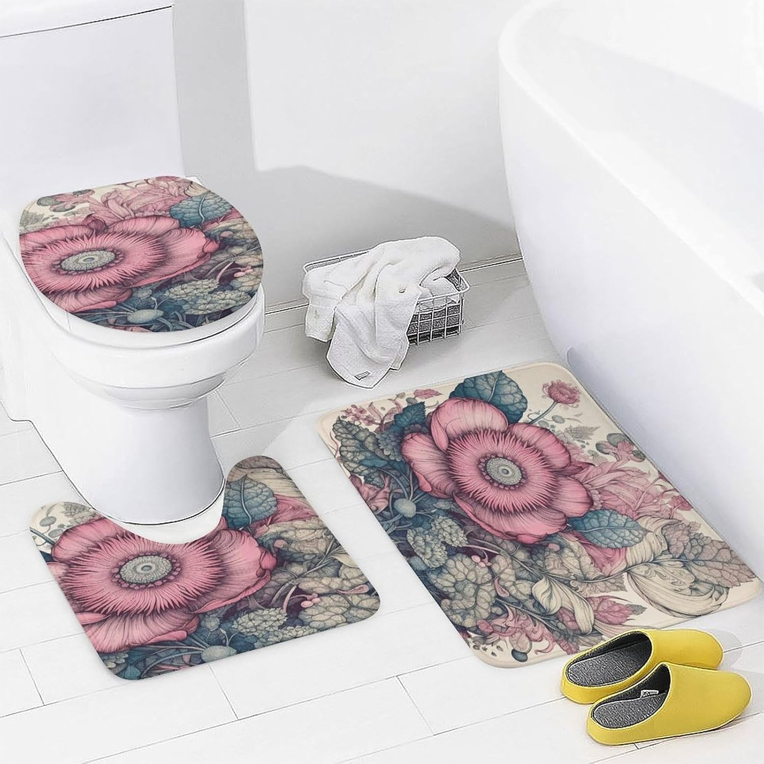 Drawing Beautiful Flower 4Pcs Shower Curtain Set with Non-Slip Rugs, Toilet Lid Cover and Bath Mat,Bathroom Set Decor Accessories,Curtain Set with 12 Hooks, 72 X 72 Inch