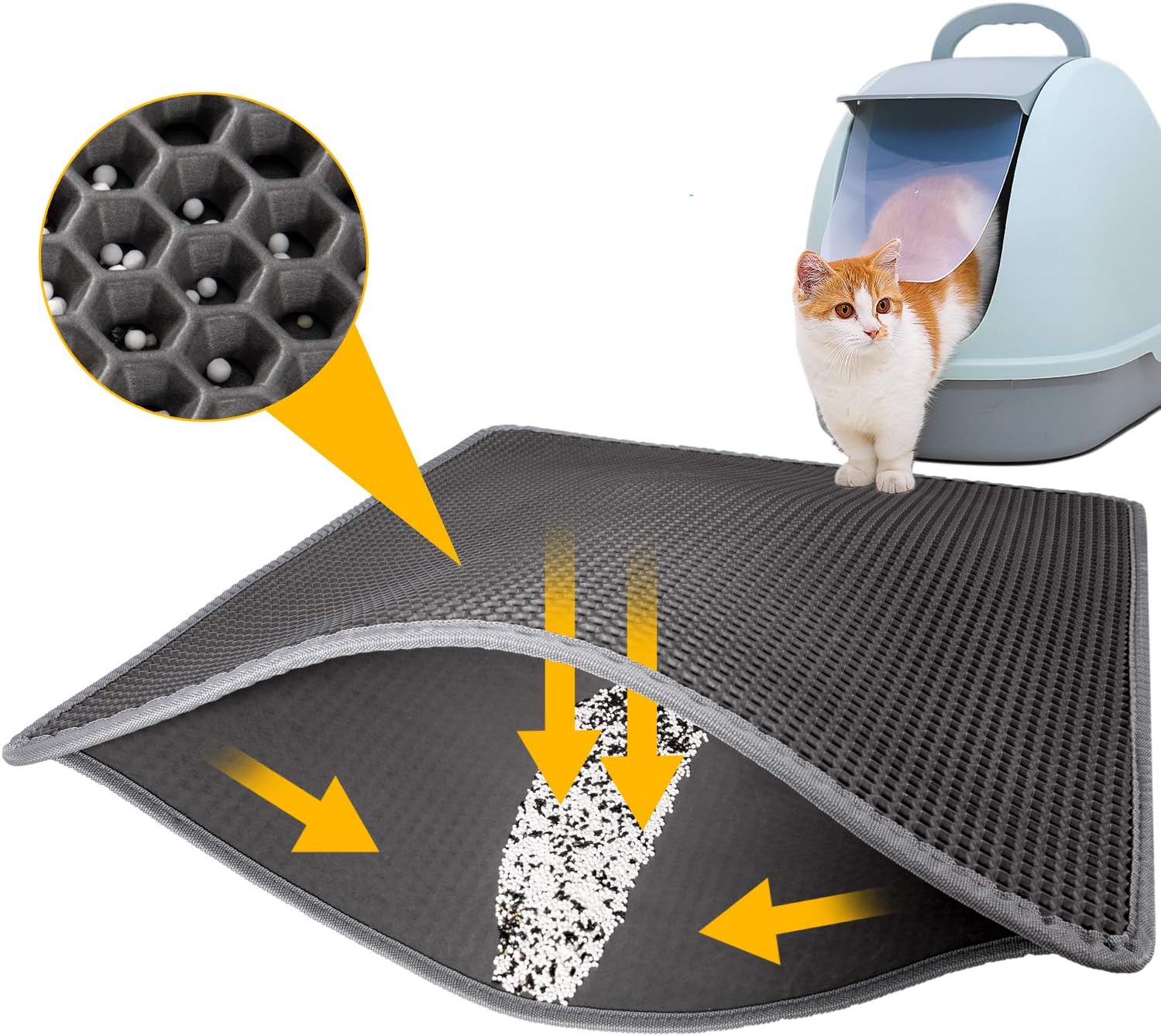 LeToo Cat Litter Mat Grey Trapping for Litter Box, No-Toxic & Large, Urine & Waterproof, Honeycomb Double Layer Anti Tracking Kitty Mats, No Phthalate, Washable Easy Clean (24" x 15", Grey)
