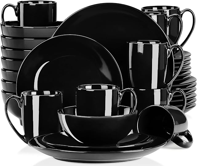 LOVECASA, Seria Sweet, zestaw zastawy stołowej, 32-częściowy zestaw obiadowy czarne porcelanowe naczynia z talerzem obiadowym 26,5 cm, talerz deserowy 21,5 cm, miseczki 660 ml i zestaw kubków 370 ml dla 8 osób