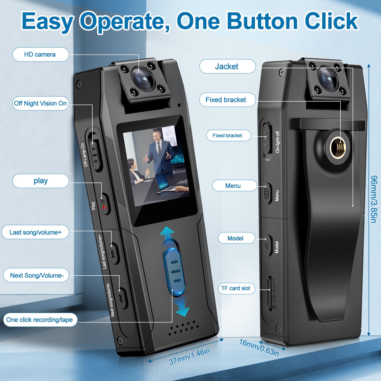 Bodycam Caméra corporelle avec Enregistrement Audio et vidéo, Grand Angle 1080P avec Clip arrière, Objectif 180°, détection de Mouvement de Vision Nocturne pour Un Enregistrement Quotidien/