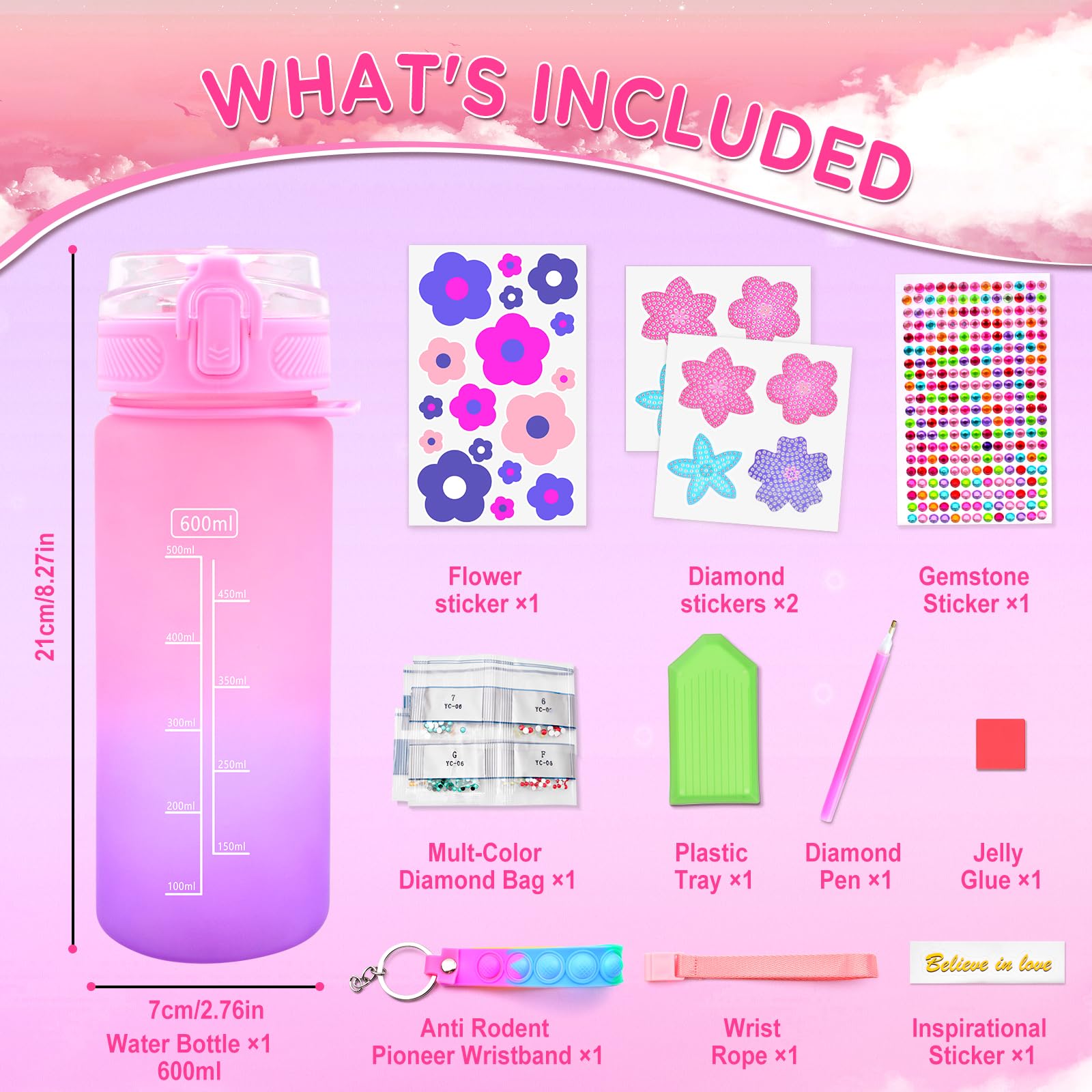 Klever Kits – Bouteille D'eau Sirène Diamant à Décorer – 600 Ml, Autocollants Aluminium, Paillettes, Porte-clés Pop – Kit DIY Filles 6-12 Ans – Cadeau Créatif