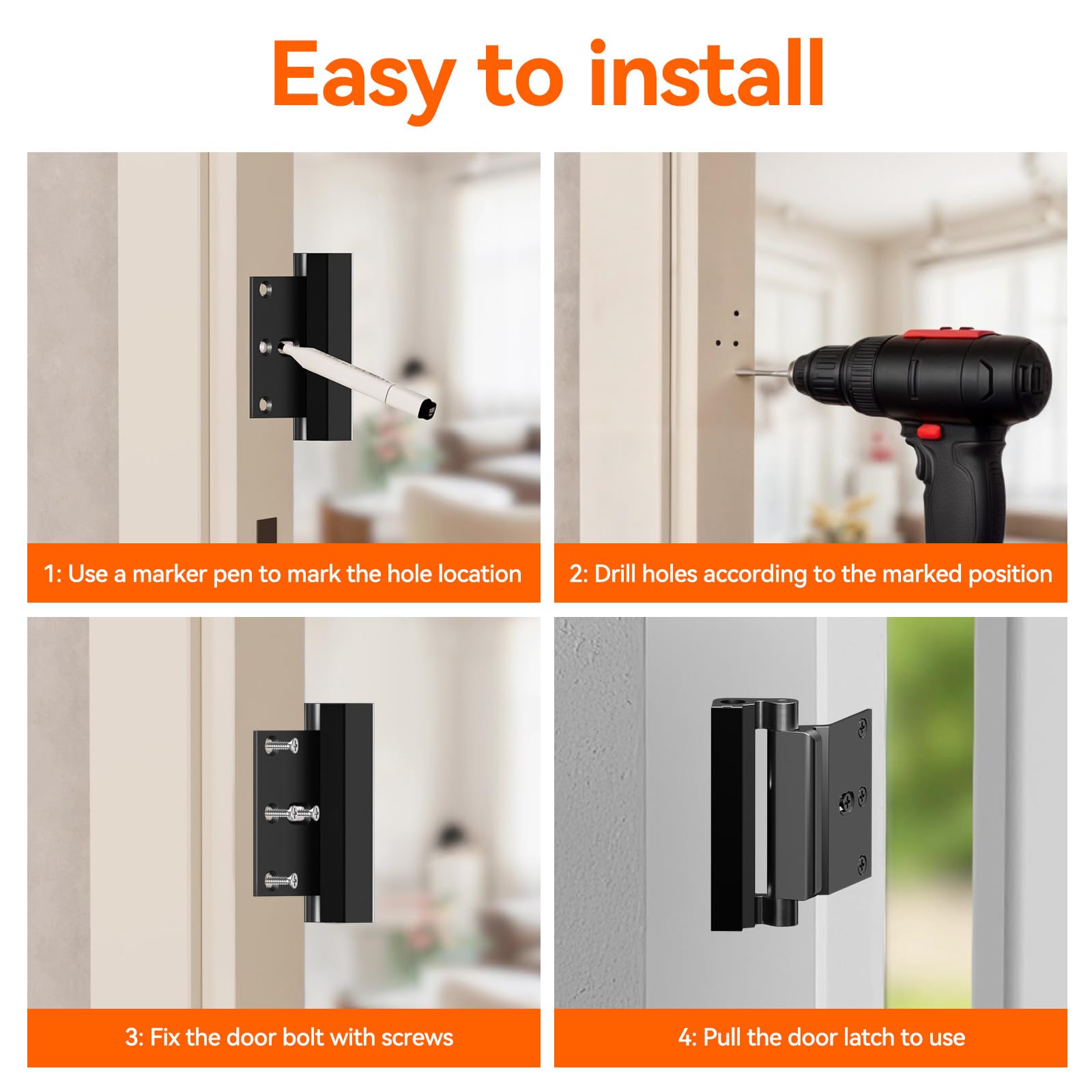 Tonitrui Lot de 2 verrous de porte de sécurité pour la maison, haute résistance, supporte 544,3 kg pour éviter les entrées non autorisées (noir de 2)