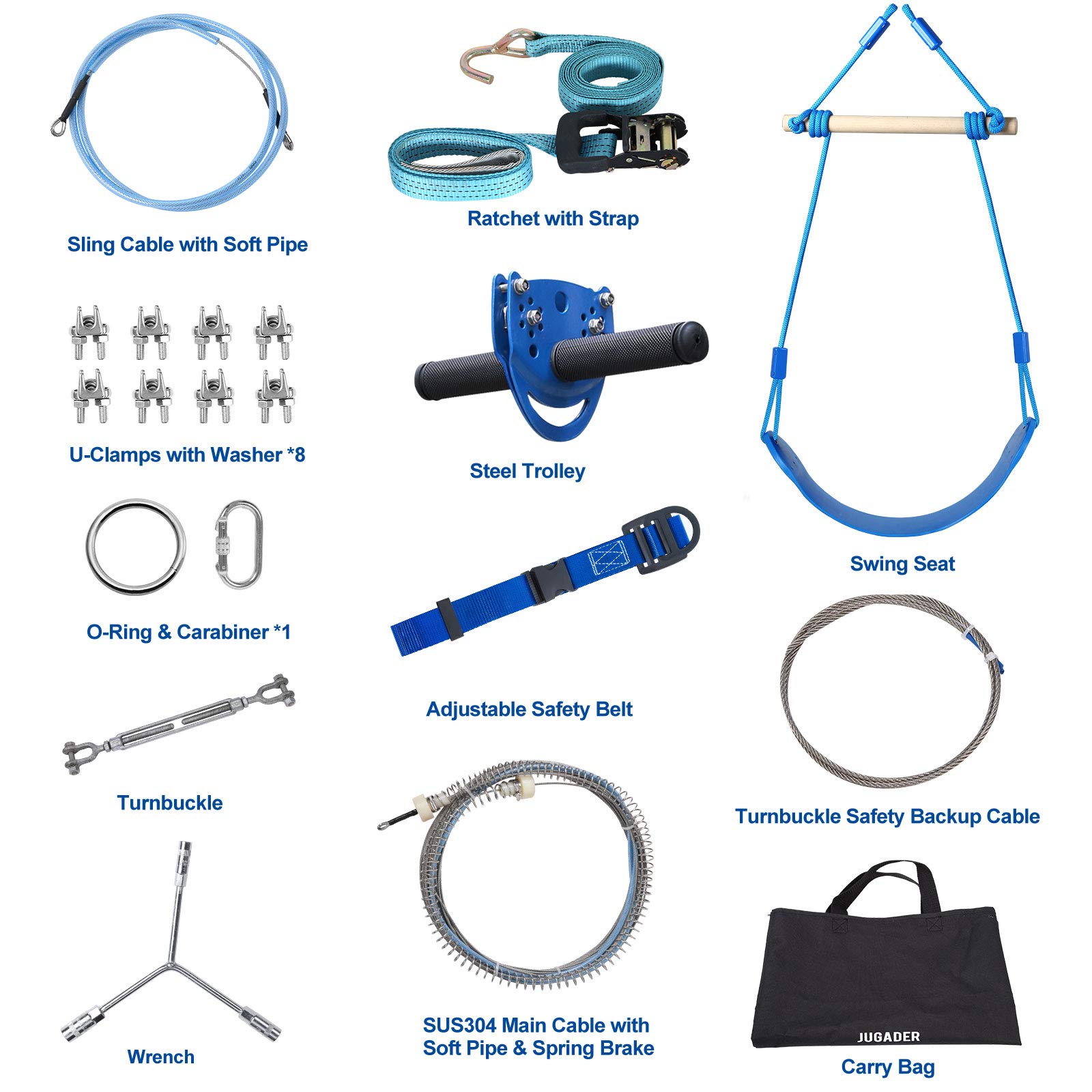 Jugader 120ft Zipline Kits for Backyard with Swing Seat, Stainless