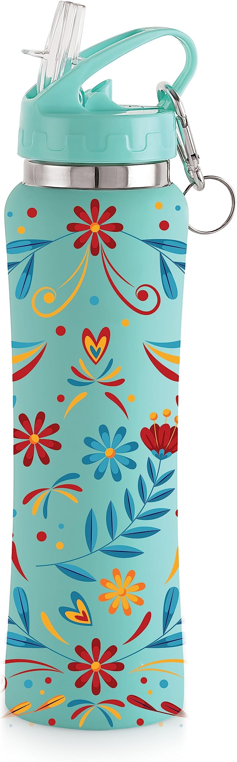 NIRLON Flip Bot Stainless Steel Rubber Finish Water Bottle With Straw Lid For Fridge, School,Gym,Home,Office,Boys, Girls, Kids, Leak Proof(Uv Printed Bottle|Floral Blue|Sipper Cap), 750 ML