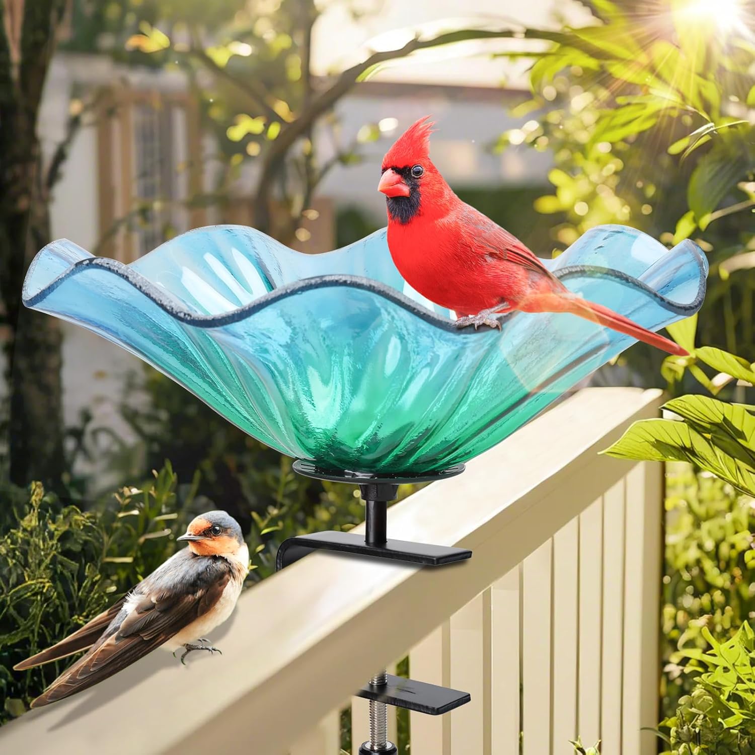 MUMTOP Deck Mounted Bird Baths for Outdoors, Glass Bird Baths Bowl with Adjustable Sturdy Steel Fence Clamp for Garden Patio Lawn Yard Deck Balcony Railing, Blue