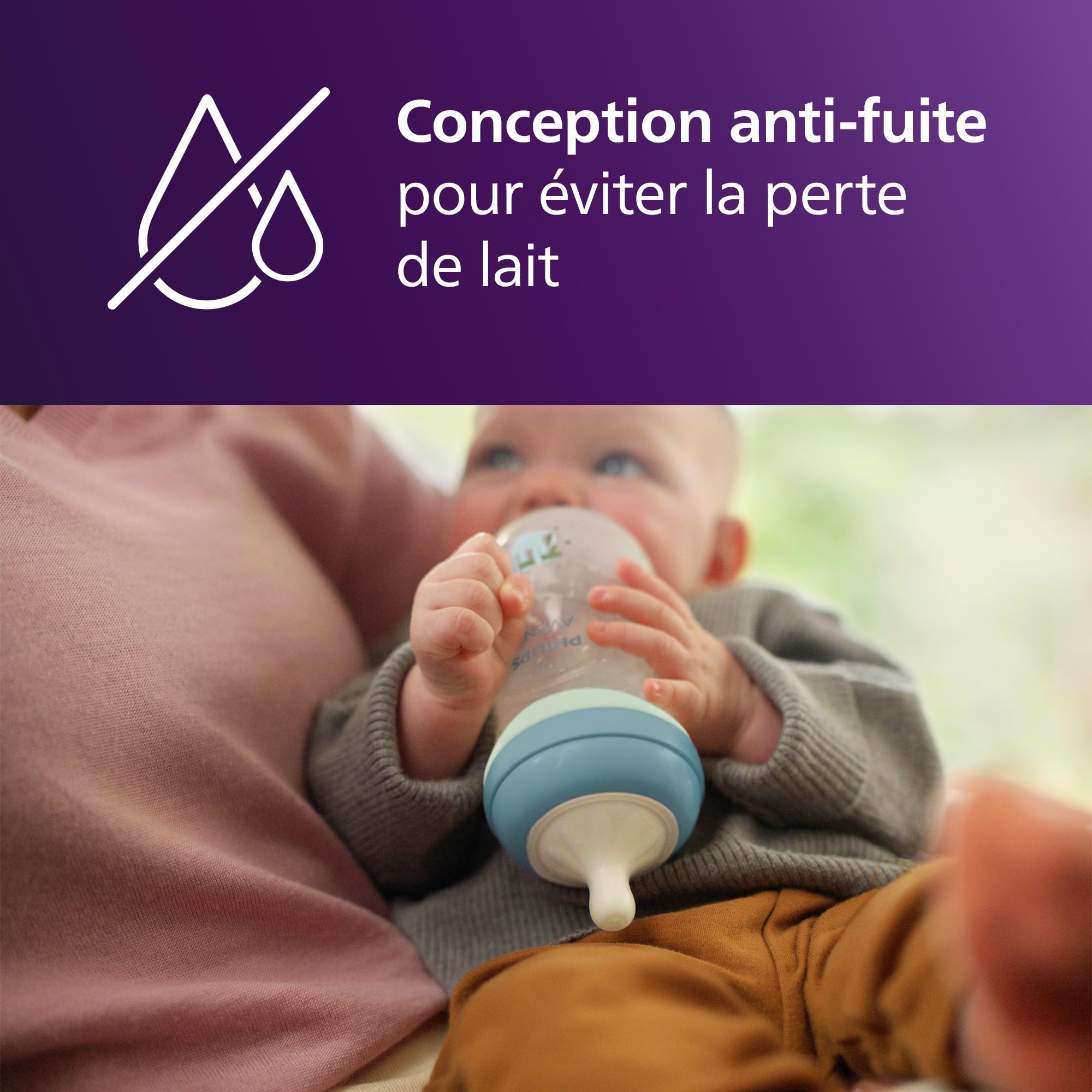 Philips Avent Biberon nuit Natural Response – bouteille 260 ml avec tétine à débit moyen (débit 3), anneau de biberon phosphorescent, motif petit paresseux endormi, SCY903/81