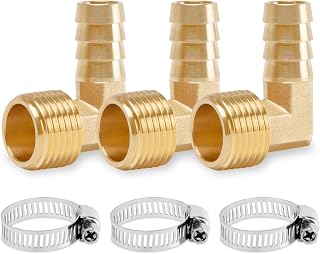 ChillWaves Brass Air Hose Fittings, 90 Degree Elbow Hose Barb Fittings 5/8" Barb x 1/2" NPT Male Thread Adapter with Hose Clamps(3-PACK)