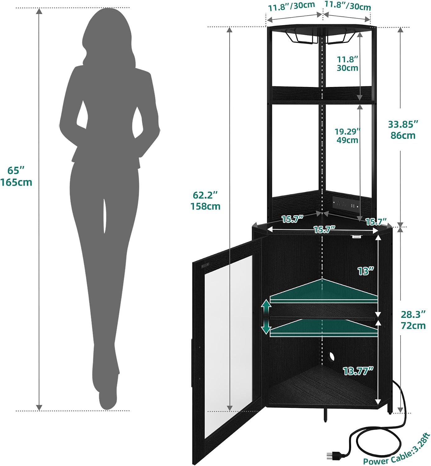 YITAHOME Corner Wine Cabinet with Power Outlets & LED Lights, Corner Bar Cabinet with Glass Holder, Liquor Bar Rack Cabinet for Living Room, Dining Room, Kitchen, Metal Black