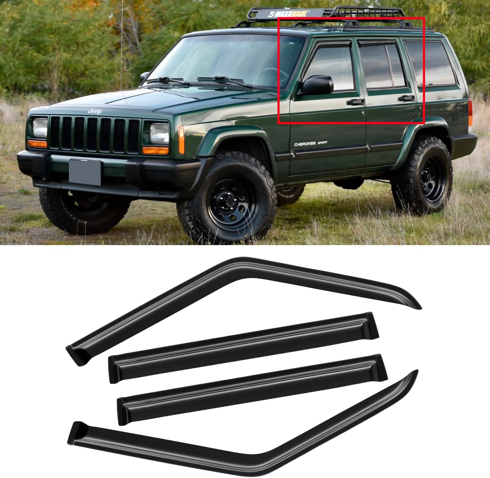Window Visor for Jeep Cherokee 1984-2001 (Excludes Limited Model), Out-Channel Rain Guards Shields Vent Deflector Shade Wind Dark Smoke, Tape-On Outside-Mount, 4PCS