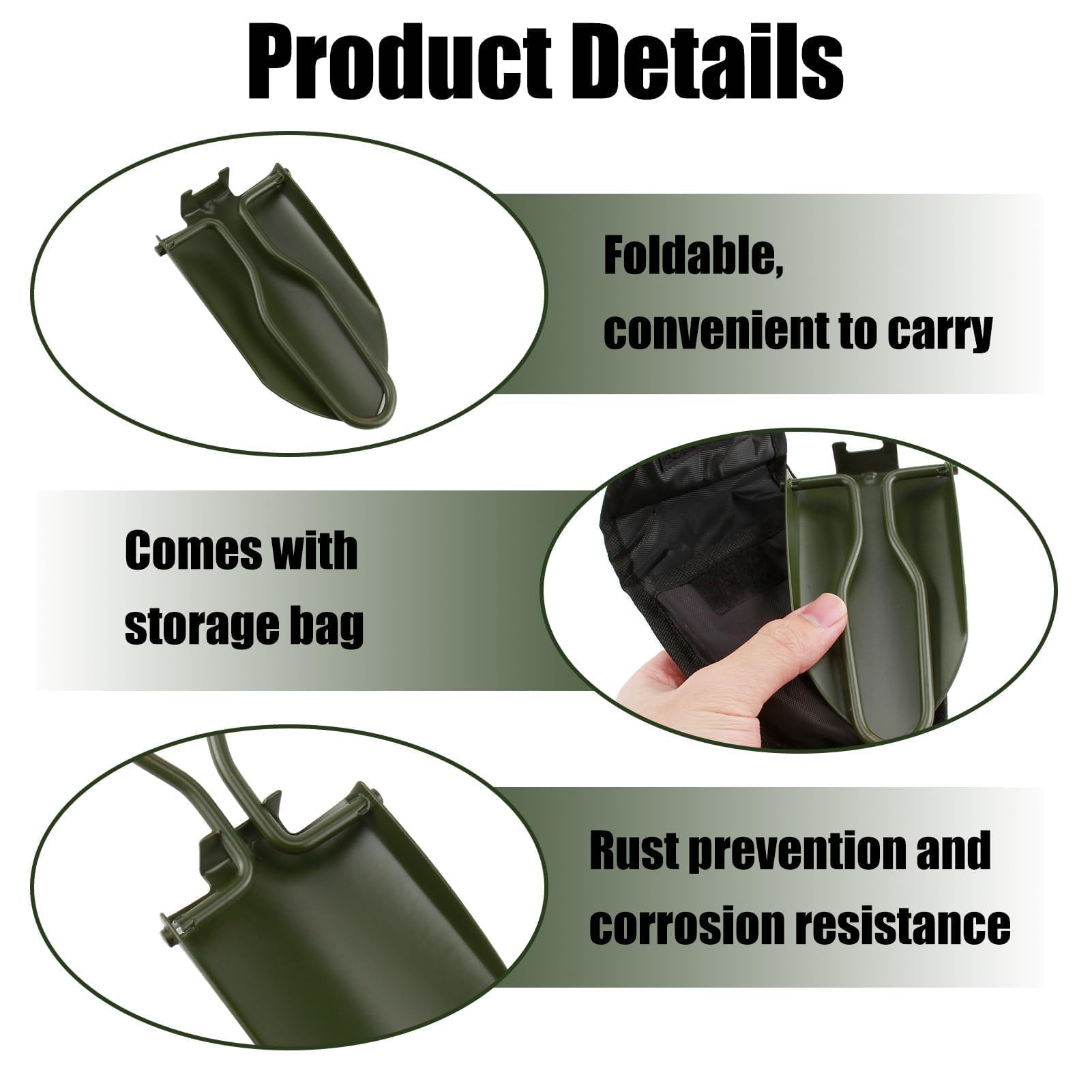 Pala Plegable Compacta de Acero Inoxidable para Jardín y Exterior, Mini Pala Jardin con Bolsa de Transporte para Camping, Senderismo y Más