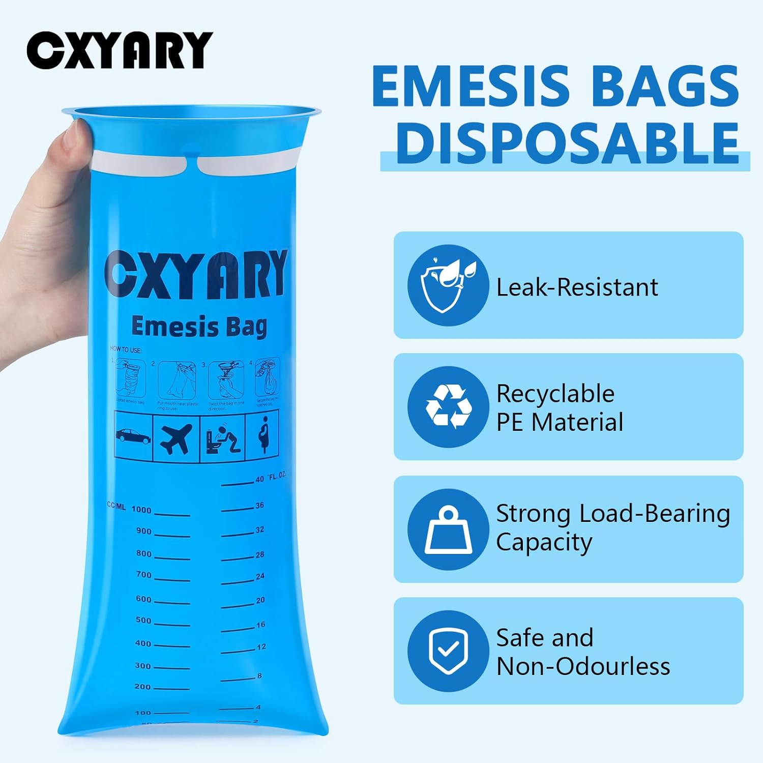 CXYARY 200 Pack Vomit Bags Disposable, 1000ml Emesis Bags, Portable Throw Up Puke Nausea Bag for Pregnant Women, Leak Resistant for Car and Travel Motion Sickness