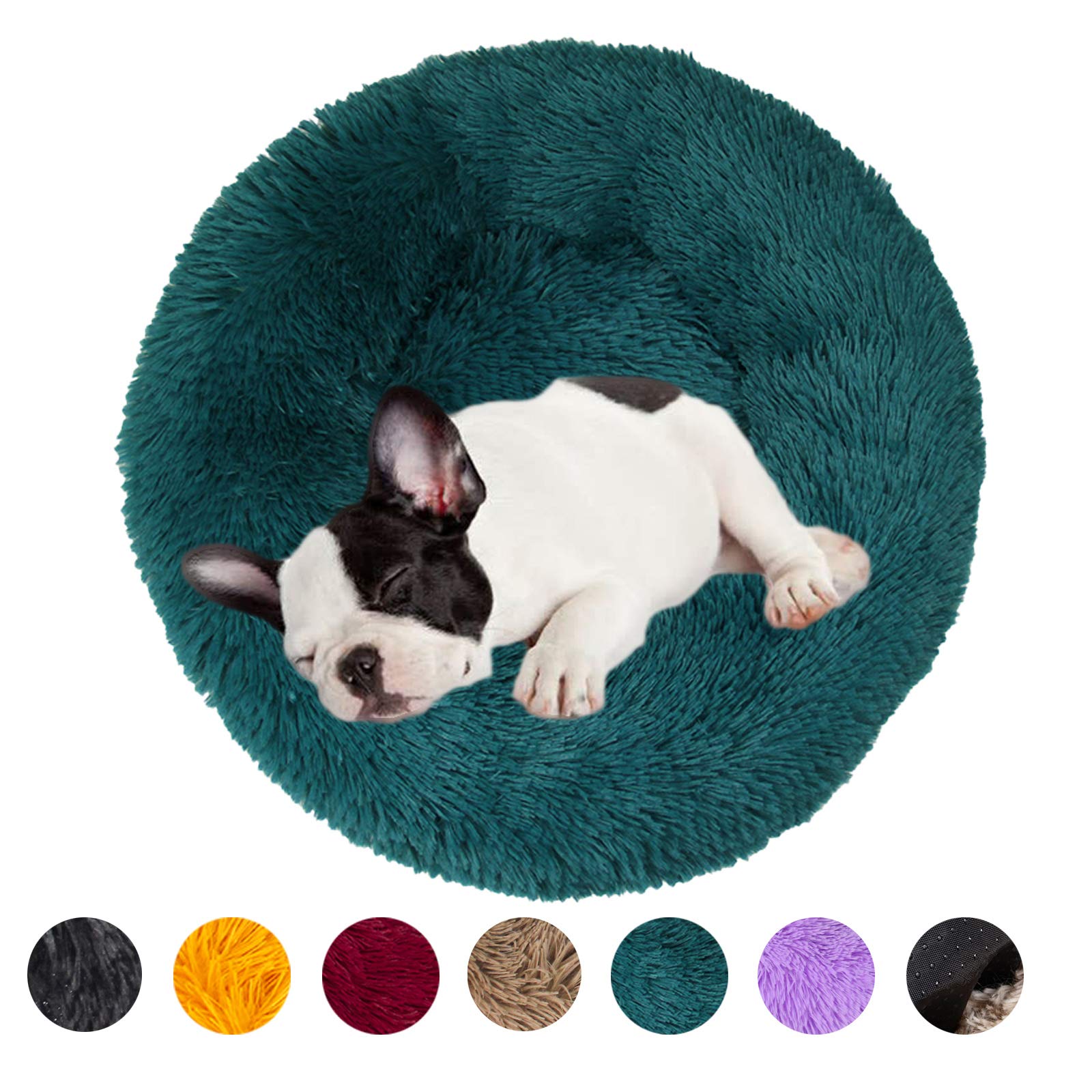 huraty Plush Calming Dog Bed, Faux Fur Donut Cuddler Bed for Cats, Anti-Skid & Anti-Anxiety, 20 Inch for Puppy and Kitties, Teal, S