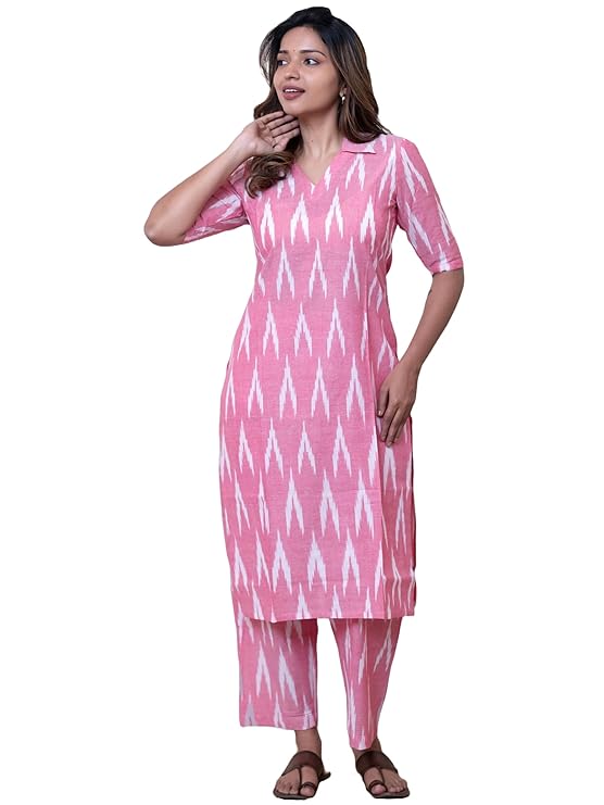 GoSriKi Women’s Rayon Viscose Straight Ikkat Printed Kurta with Pant – Pink