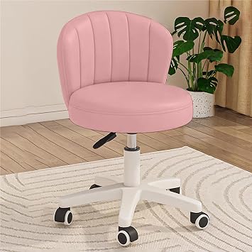 Small Scallop Desk Chair with Back, Cute Armless Rolling Vanity Chair with PU Leather, Comfy Office Task Computer Chairs Height Adjustable for Bedroom