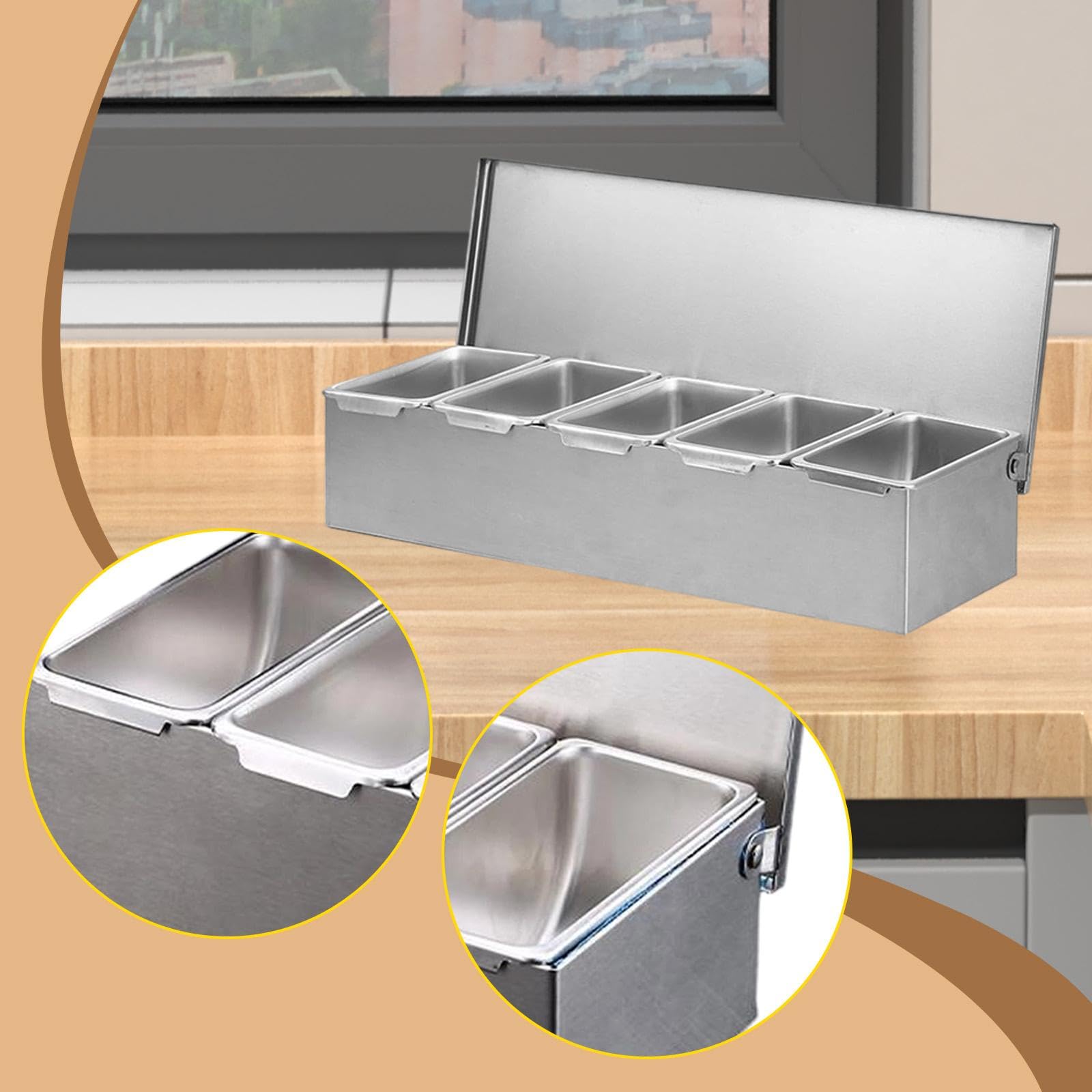 Condimentero de Acero Inoxidable con Divisores Desmontables Organizador de Cocina para Condimentos Y Especias Recipiente Hermético con Tapa Adecuado P, 5 cuadrículas, Individual