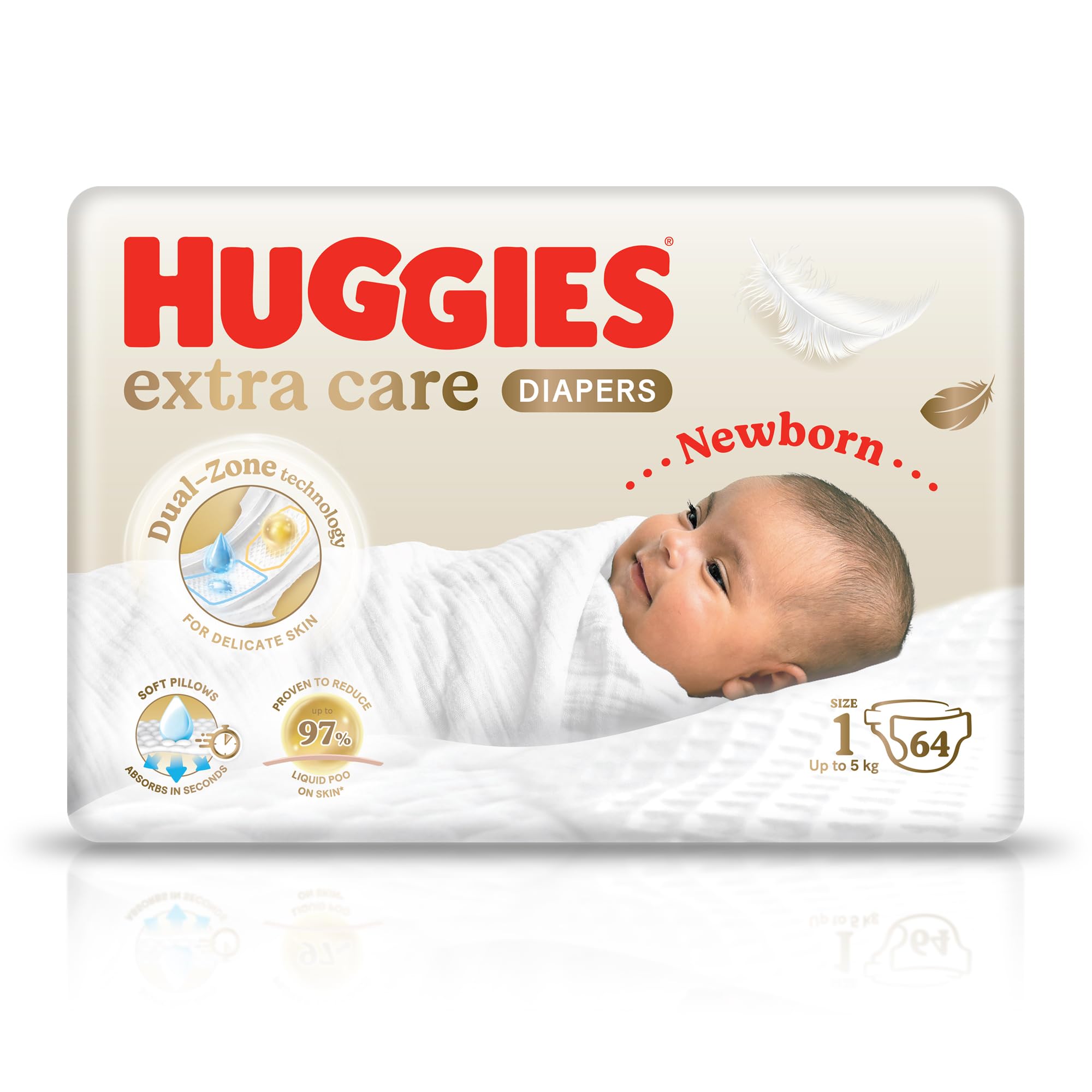Huggies Newborn Diapers Size 1 Jumbo Pack, 64 Count – Ultra-Soft Nappies with Wetness Indicator & Umbilical Cord Cut-Out for Delicate Newborn Skin (Up to 5 kg)