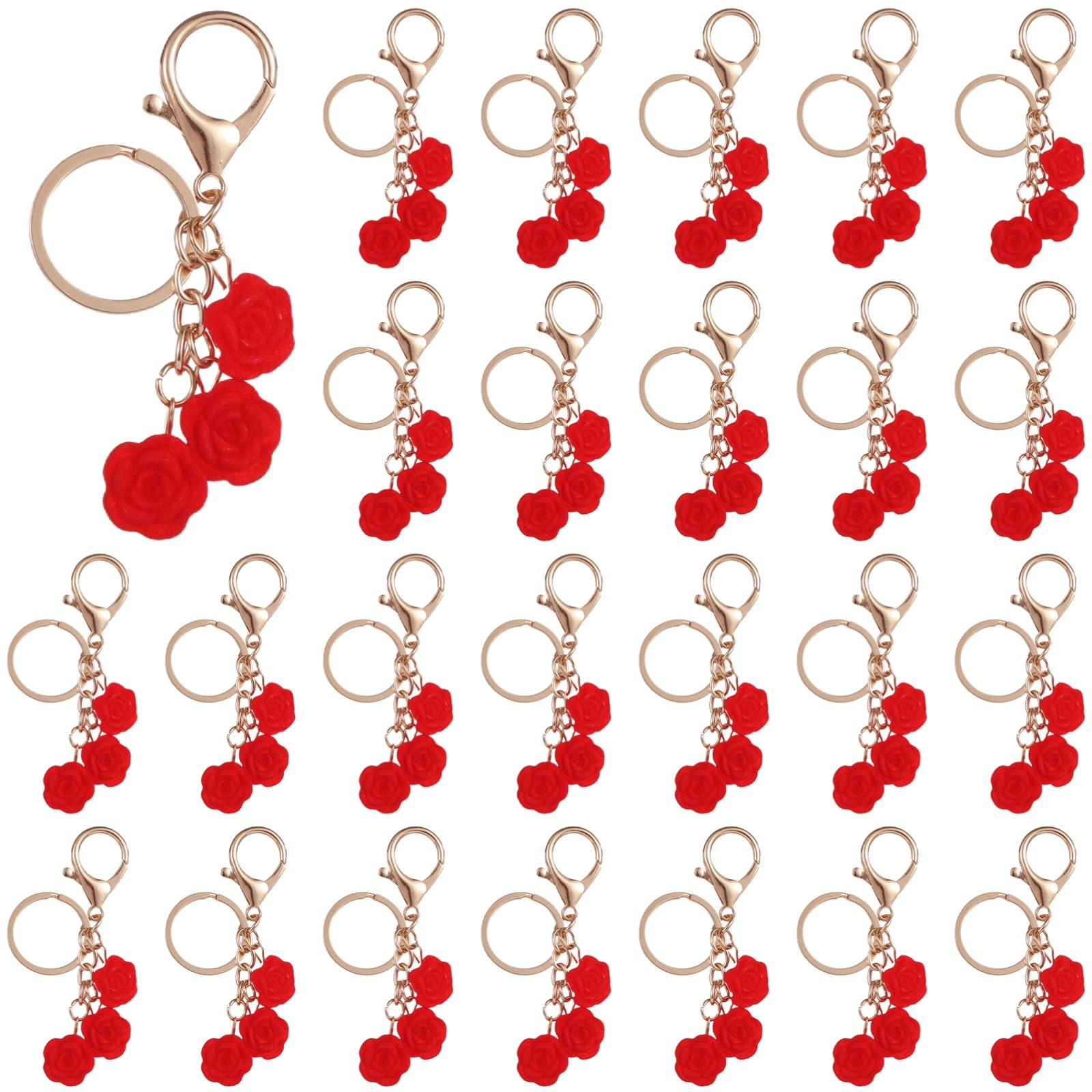 25 portachiavi con rosa rossa, portachiavi in lega con chiusura color oro, souvenir per ospiti nuziali, set di bomboniere romantiche, regalo per donne, 8,9 x 3 x 1 cm