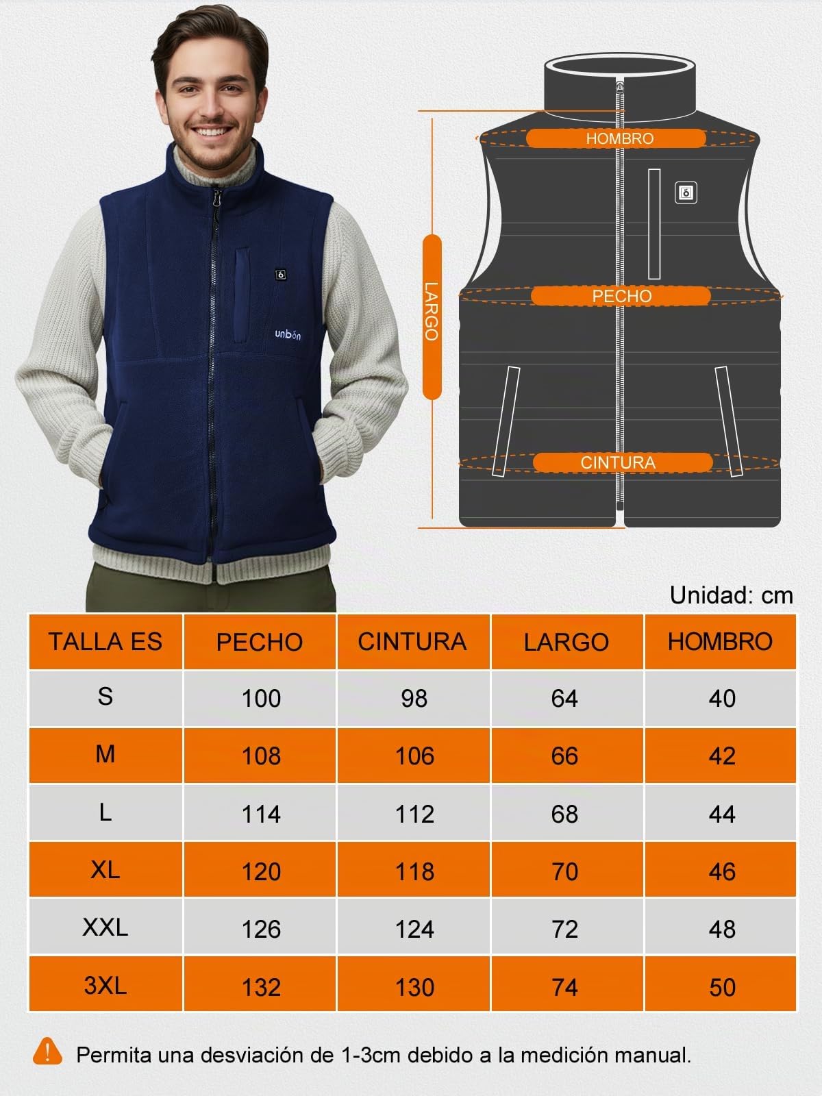 UNBON Chaleco Calefactable Hombre con Batería USB 10000mAh, Chaleco Térmico Eléctrico Polar, Chalecos Calefactor Hombre con 3 Temperaturas 6 Zonas Calefactables para Moto Caza Trabajo, Azul, S