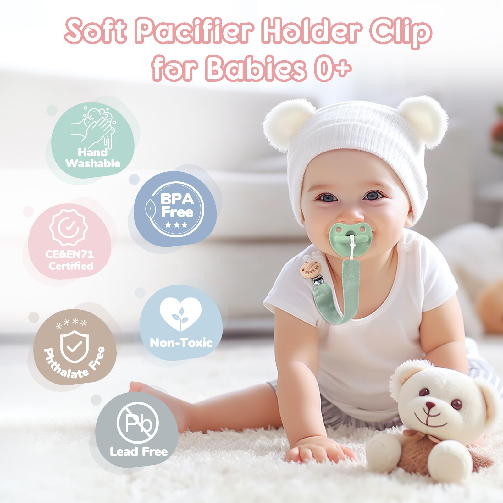 TYRY.HU Catenella Portaciuccio Tessuto Morbido Catenella Ciuccio Fatto a Mano Succhietto Porta Clip di Legno Cotone Bambini Ragazzi Massaggiagengive Clip Baby Regalo,2 Pezzi