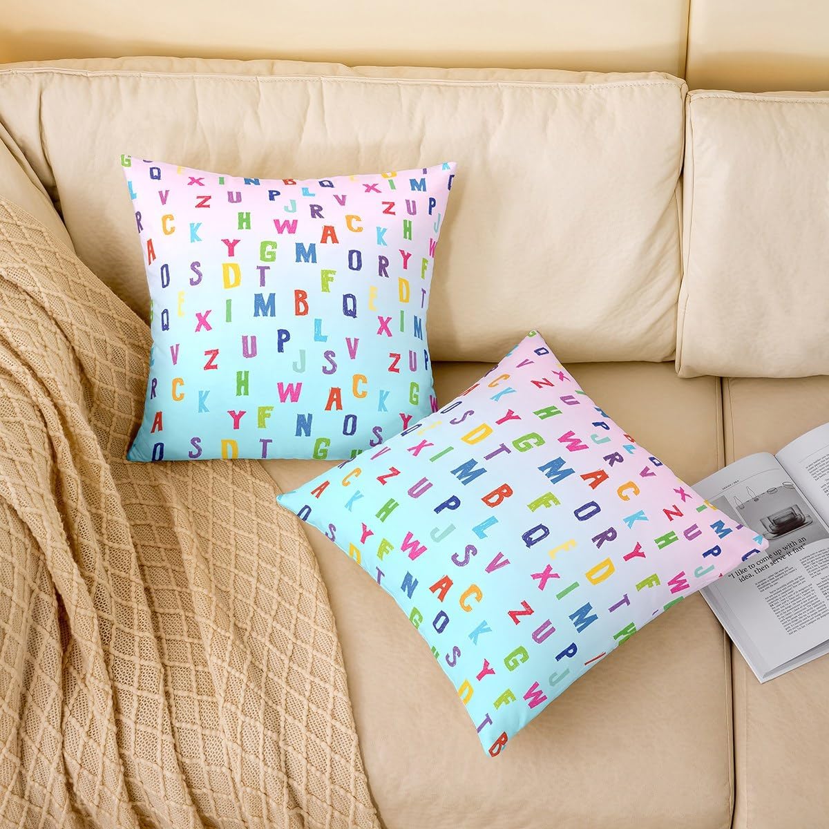 Alphabet Hand Draw Throw Pillow Cover Cute Rainbow English Letters Print Kids Pillow Cover for Living Room Bedroom Pink and Blue Gradient Colorful Home Decor Cushion Case Pillowcase 18x18 Inch image 2