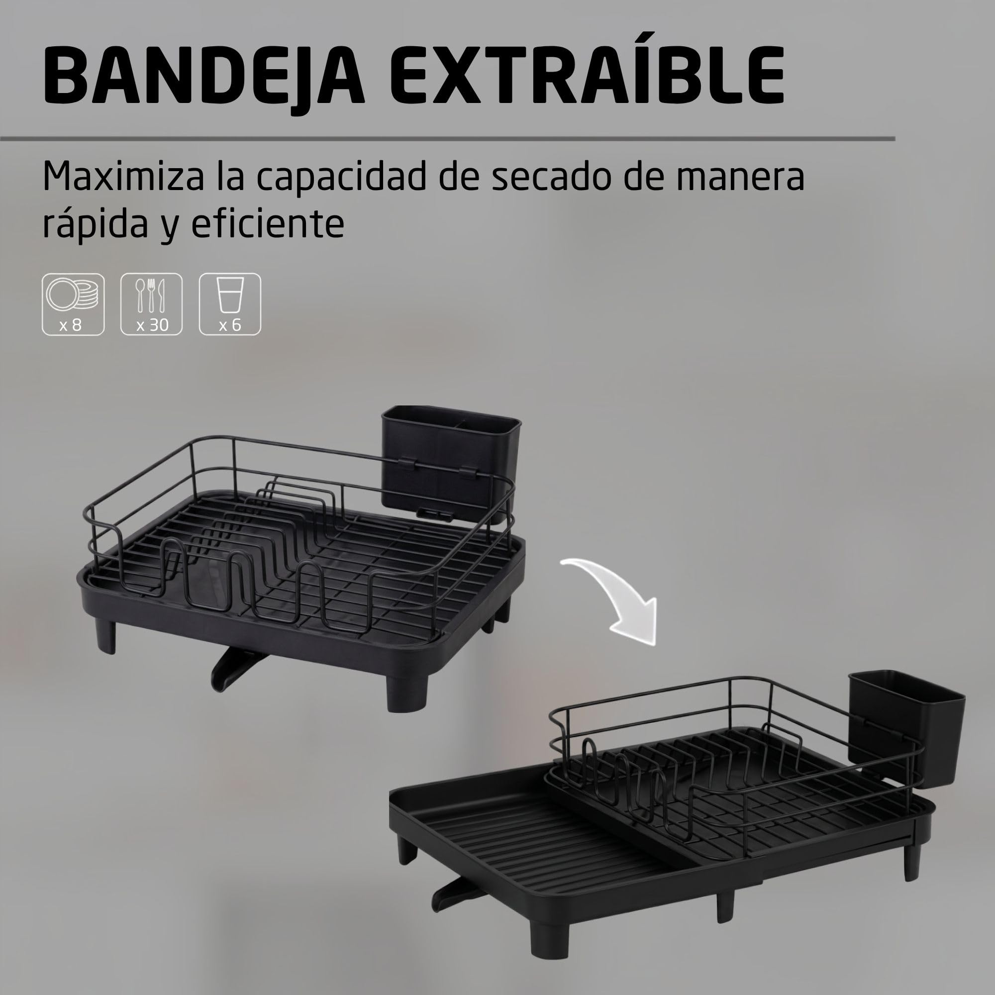 Amig Escurreplatos Extensible con Desagüe Negro Vika | Patas antideslizantes. Bandeja de goteo. Extensible de 31 a 52 cm. Acero y polipropileno.