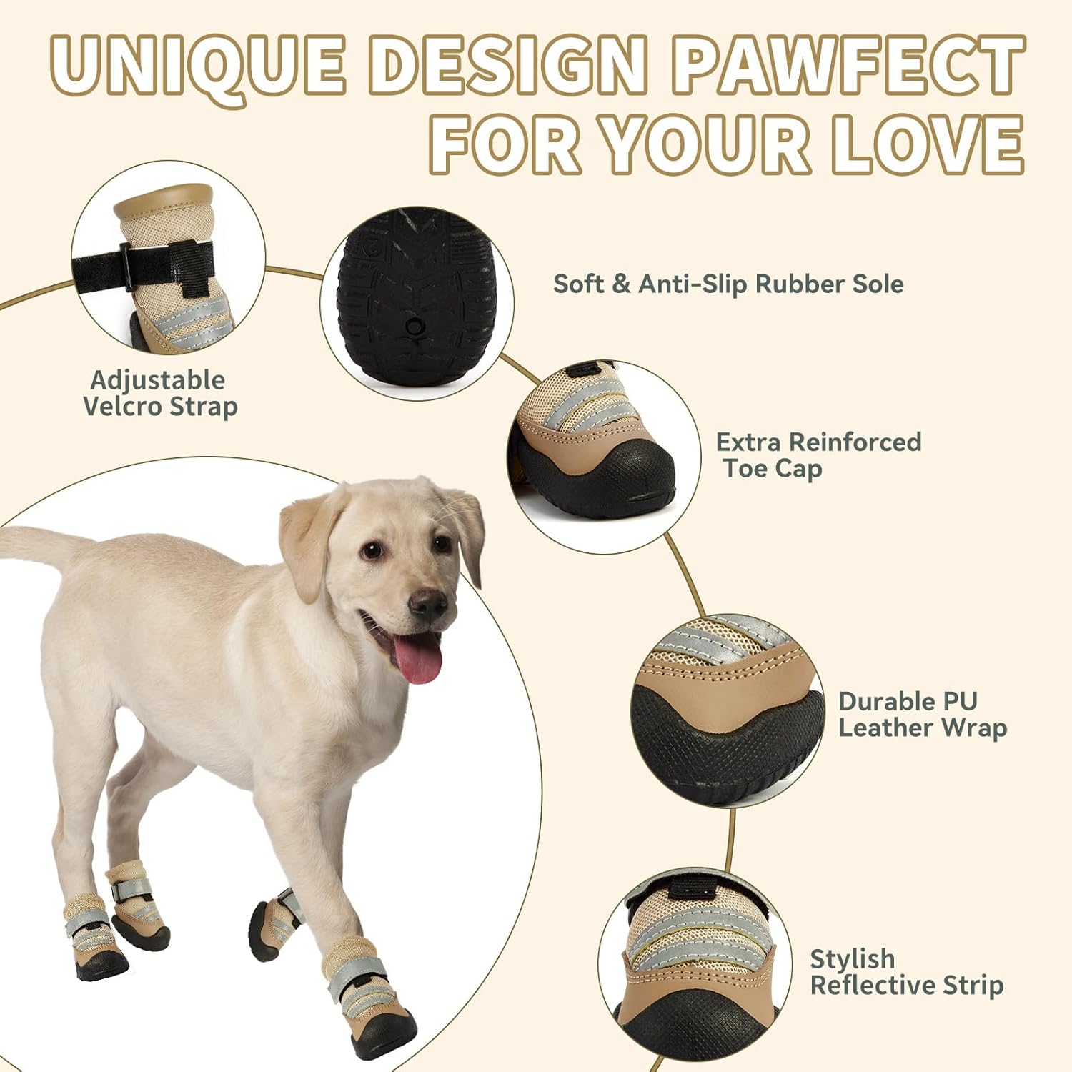 Dog Boots, Waterproof Dog Shoes with Reflective Straps, Rugged Anti-Slip Sole Paw Protectors for Medium Large Dogs, Breathable Pet Booties for Hot Pavement, Snow, Hiking, 4Pcs