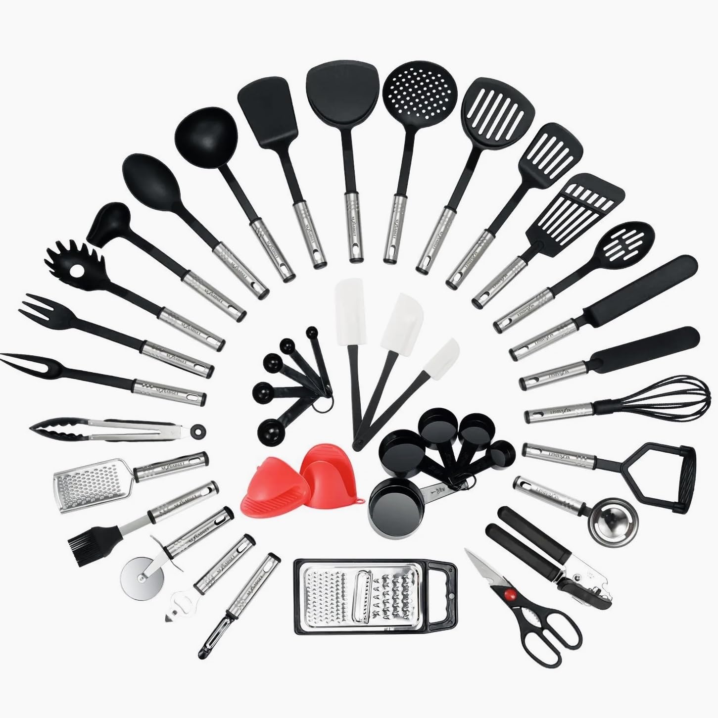 Amoo Utensils 42pcs Full Set,15 Kitchen Gadgets Stainless Steel Nylon Cookware Potato Masher Bottle Opener Pizza Cutter Vegetable Peeler, Heat Resistant Non Toxic for Home Business and Camping