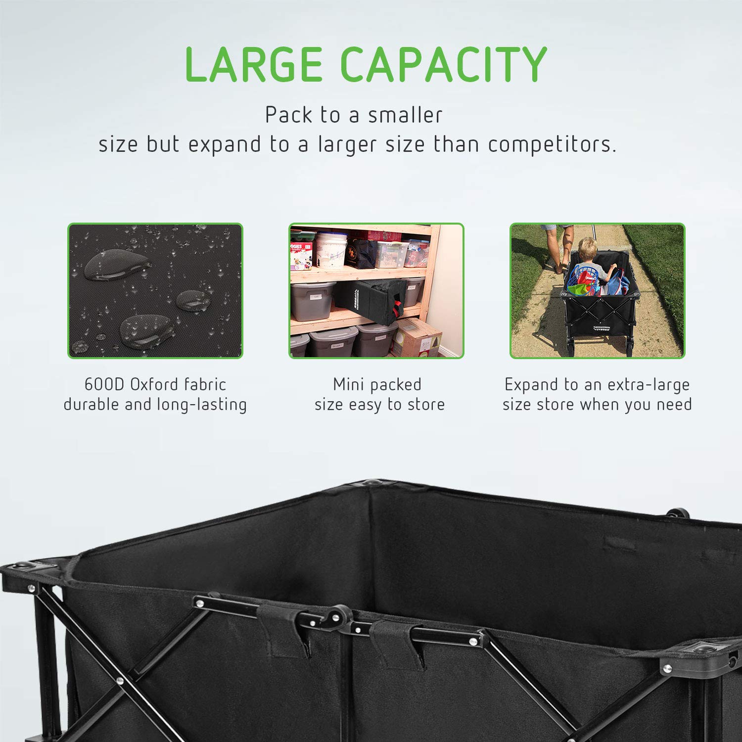 VIVOSUN Heavy Duty Collapsible Folding Wagon Utility Outdoor Camping Garden Cart with Universal Wheels & Adjustable Handle, Black