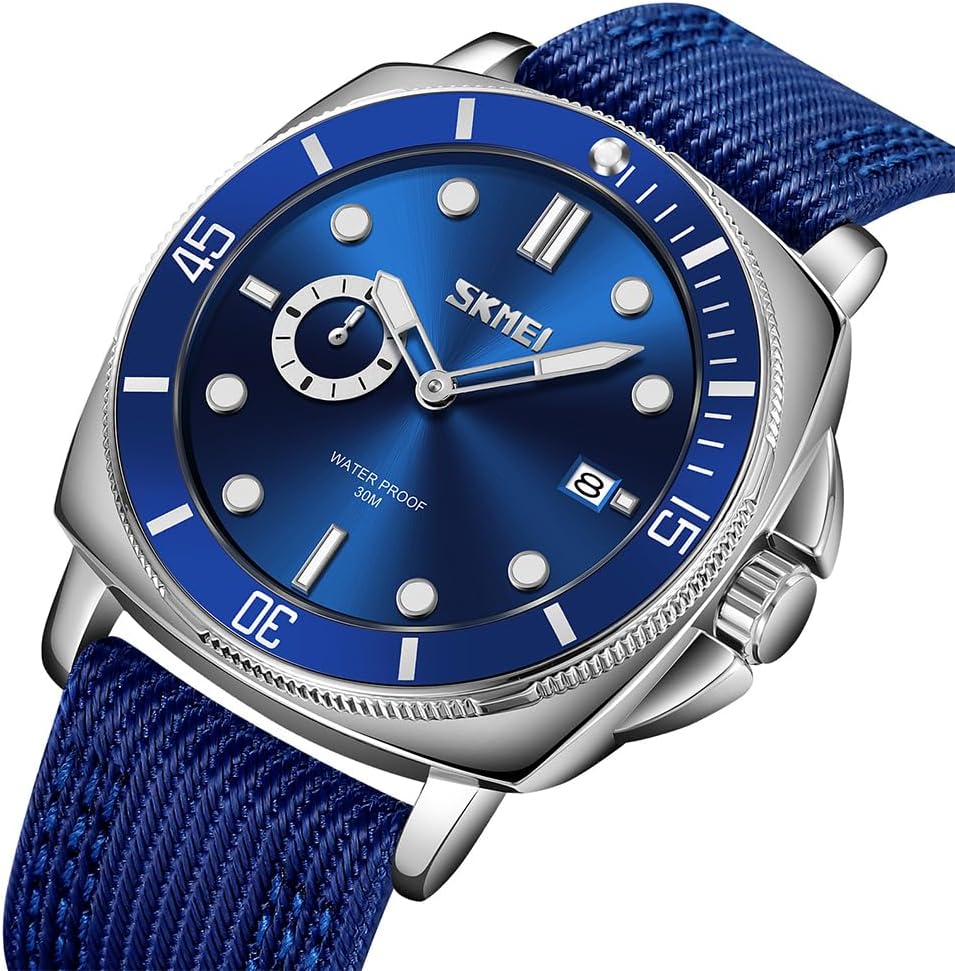 SKMEI Watch for Men Waterproof Fashion Casual Sport Big Face Analog Quartz Luminous Luxury Dress Business Gift Cloth Nylon Strap Blue Wrist Watches