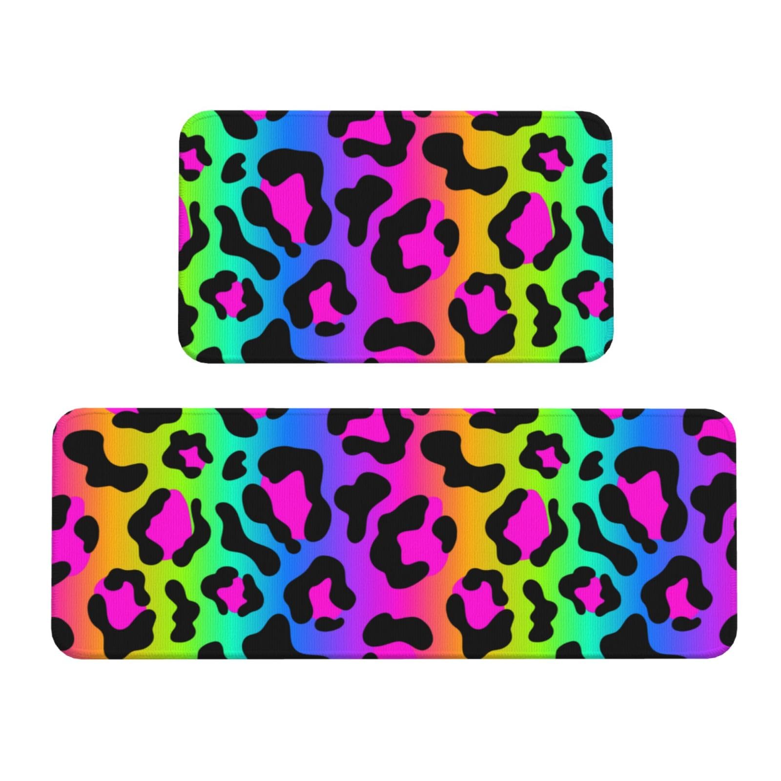 GVYGVY Antifatigue Kitchen Mats for Floor 2 Piece - Rainbow Leopard Bright Print Kitchen Rugs Washable, Non Slip Runner Rug Standing Mat for Office/Bathroom/Laundry/Home Decor and Accessories