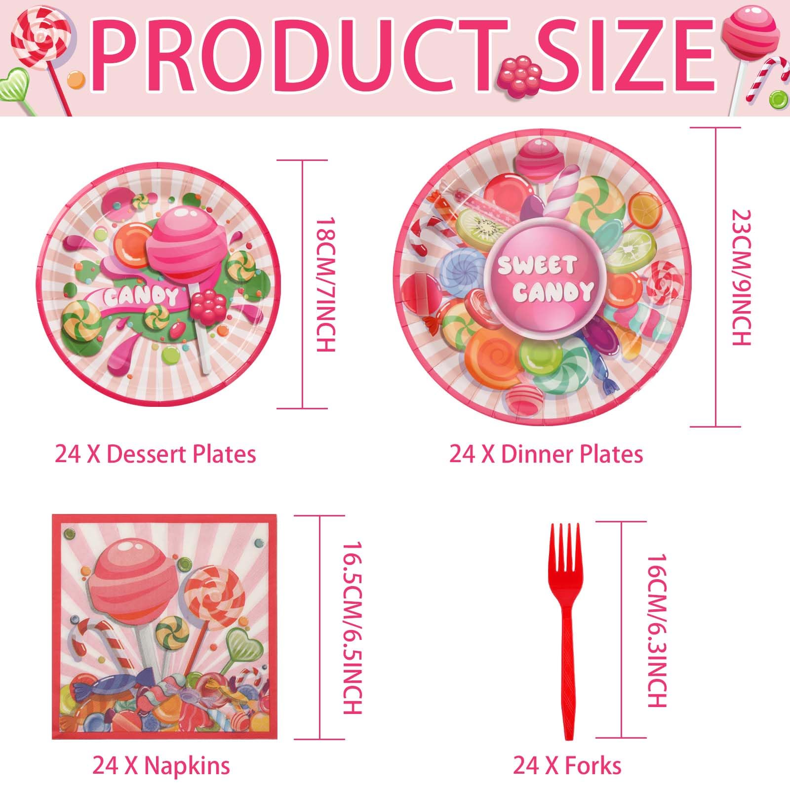 96Pcs Candyland Party Supplies Candy Lollipops Plates and Napkins Birthday Party Tableware Set for Kids Girls Baby Shower Grow up Birthday Sweet Lollipop Themed Christmas Serves 24