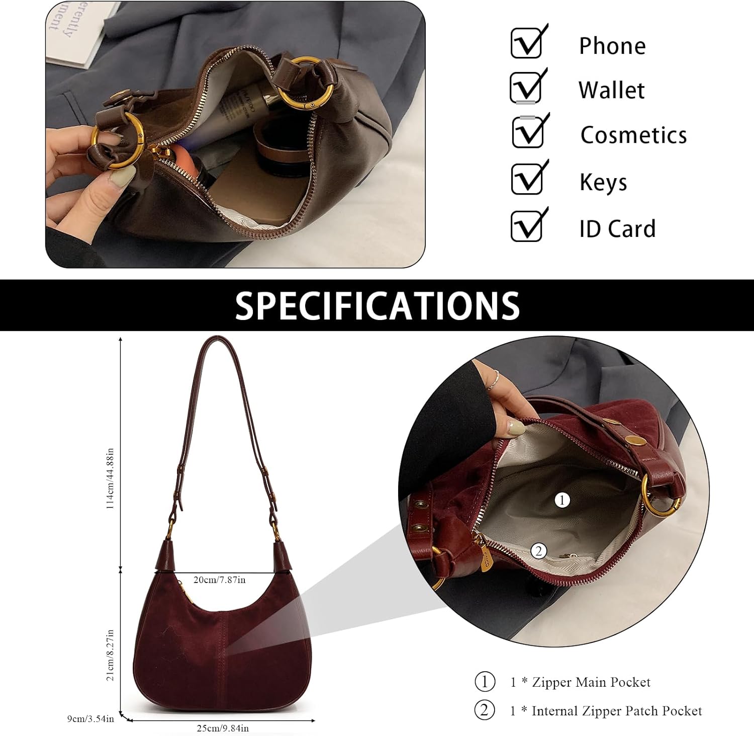 Suede Bags for Women Small Suede Purse Retro Hobo Crescent Crossbody Bag Leather Shoulder Handbag - Image 4