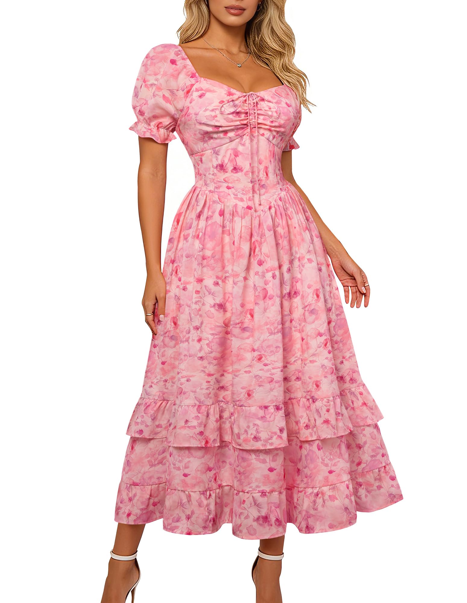 SCARLET DARKNESS Damen Viktorianisches Blumenkleid Kurzarm Rüschensaum Sommer Lang Kleider