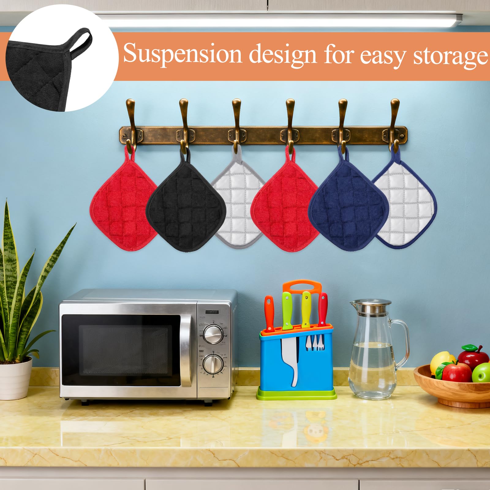 SHENLIU 24 presine in cotone per cucina, 17,8 x 17,8 cm, resistenti al calore, 4 colori, lavabili con passanti per appenderli, per cucinare in forno, nero, grigio, blu, rosso