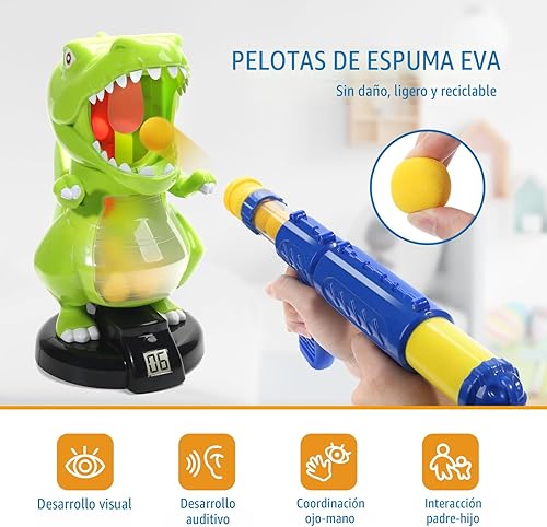 Miniatura 4 de EagleStone - Juguete de dinosaurio para disparar, electrónico, pistola de bomba de aire, puntuación en pantalla LCD, sonido, 24 pelotas de espuma