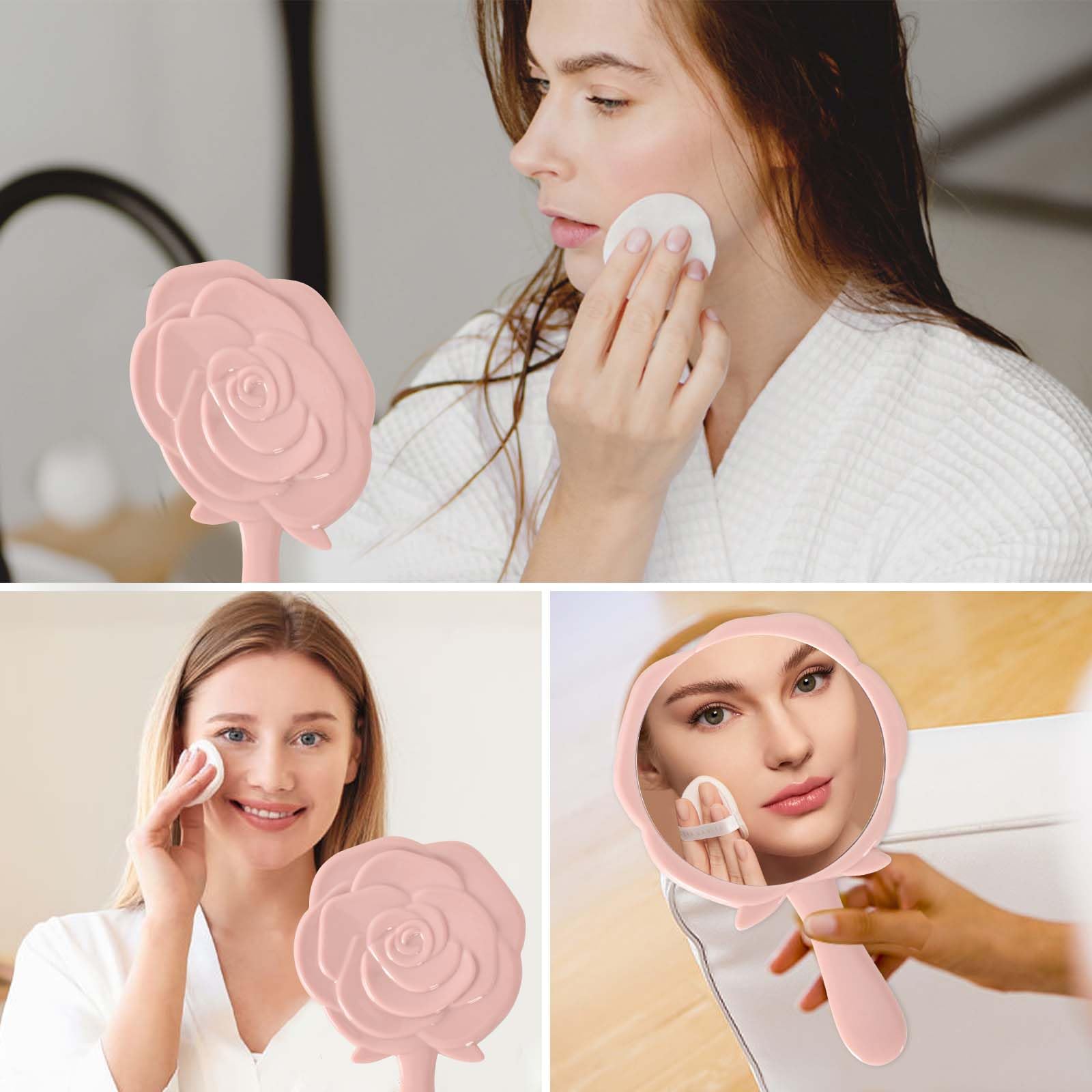 Specchio Portatile a Forma di Rosa, Specchio da Tavolo con Manico, Specchio da Viaggio per Casa e Viaggi, Rosa